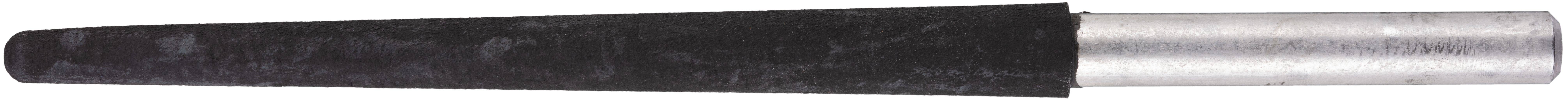 Eine schwarze konisch zulaufende Röhre mit einem metallischen Ende, die wie ein Werkzeug oder eine Komponente aussieht, vor einem weißen Hintergrund.