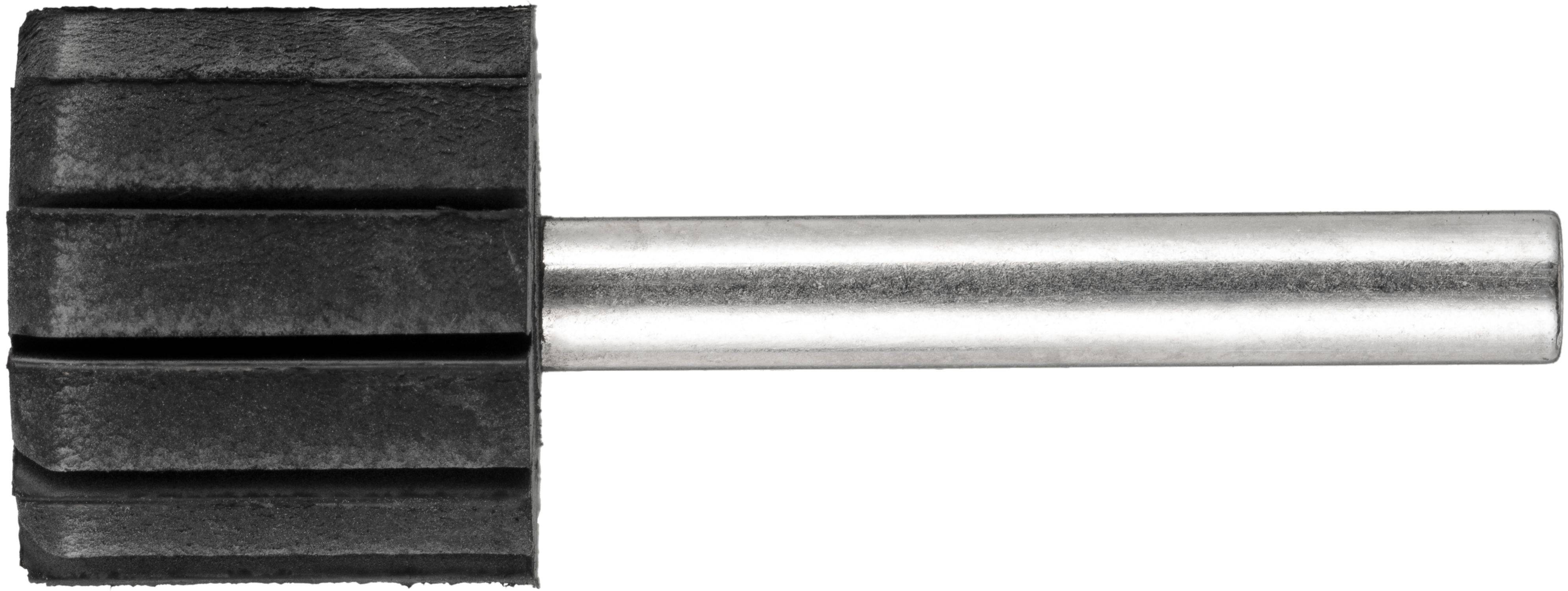 Ein zylindrischer Metallschaft mit einem schwarzen, quadratischen Gummiende, das parallele Rillen aufweist, möglicherweise zum Greifen oder zur Befestigung.