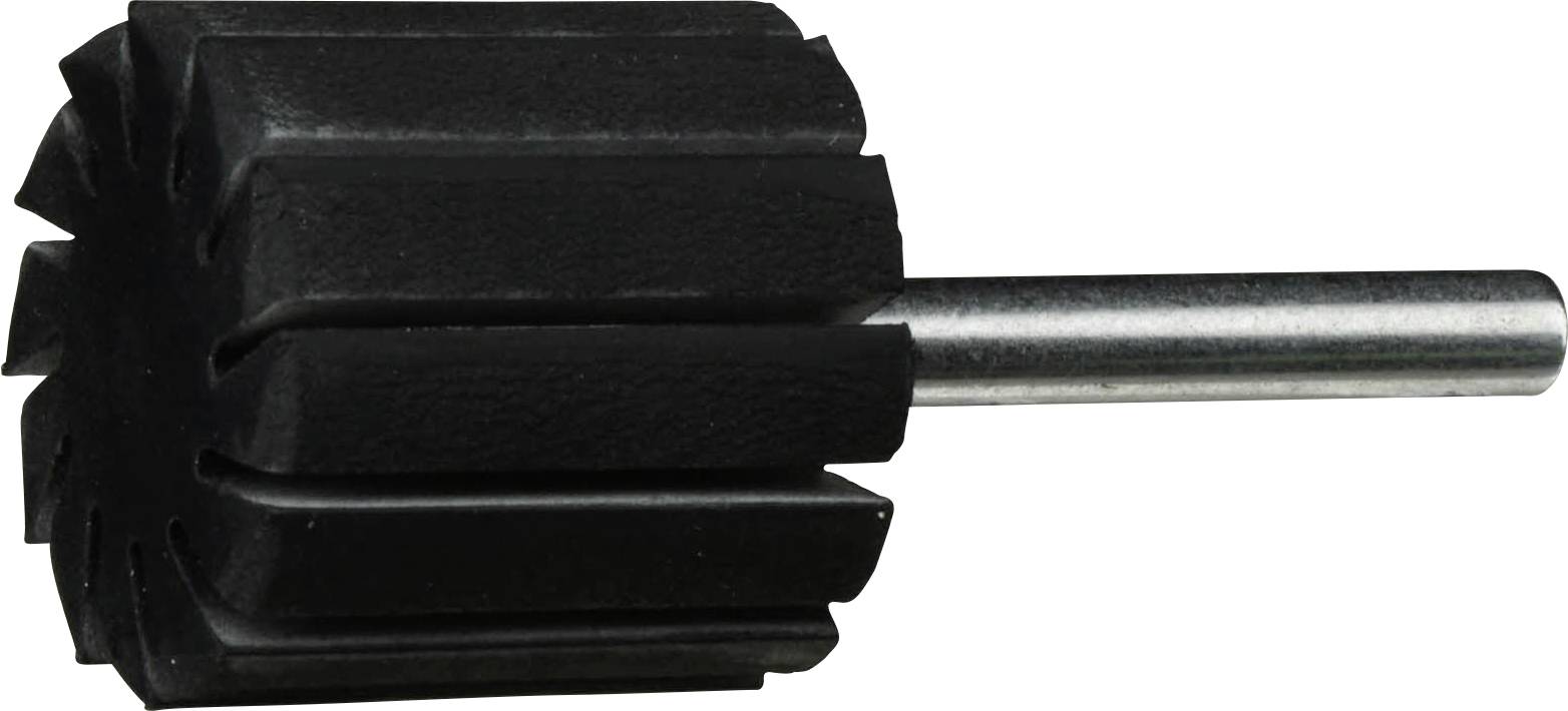 Ein schwarzes zylindrisches Gummipolierwerkzeug mit schrägen Rillen und einer Metallachse, das zum Oberflächenfinish bei Rotationswerkzeugen verwendet wird.