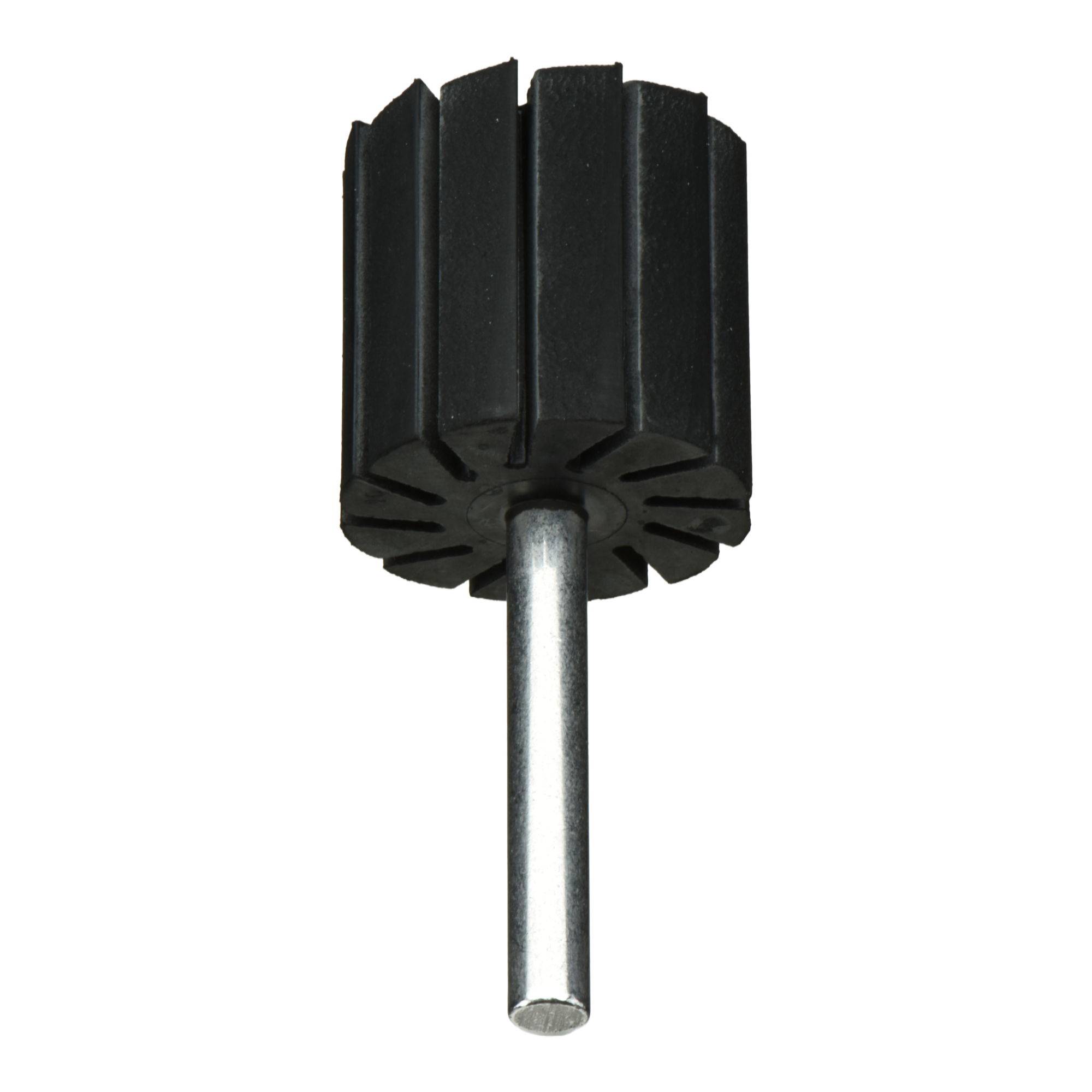 Ein zylindrischer schwarzer Bürstenrädchen mit einem Metallgriff, der zum Polieren oder Schleifen von Oberflächen verwendet wird.