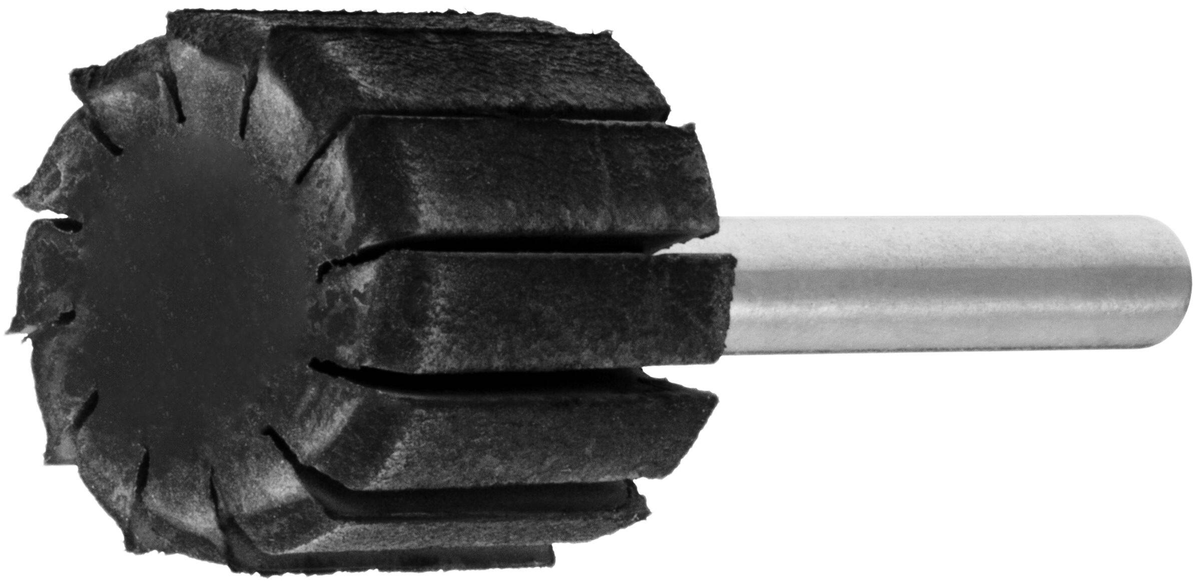 Ein zylindrisches Schleifrad mit einer Reihe von schwarzen Schleiflamellen, die von einer zentralen Welle abstehen, zum Glätten von Oberflächen.