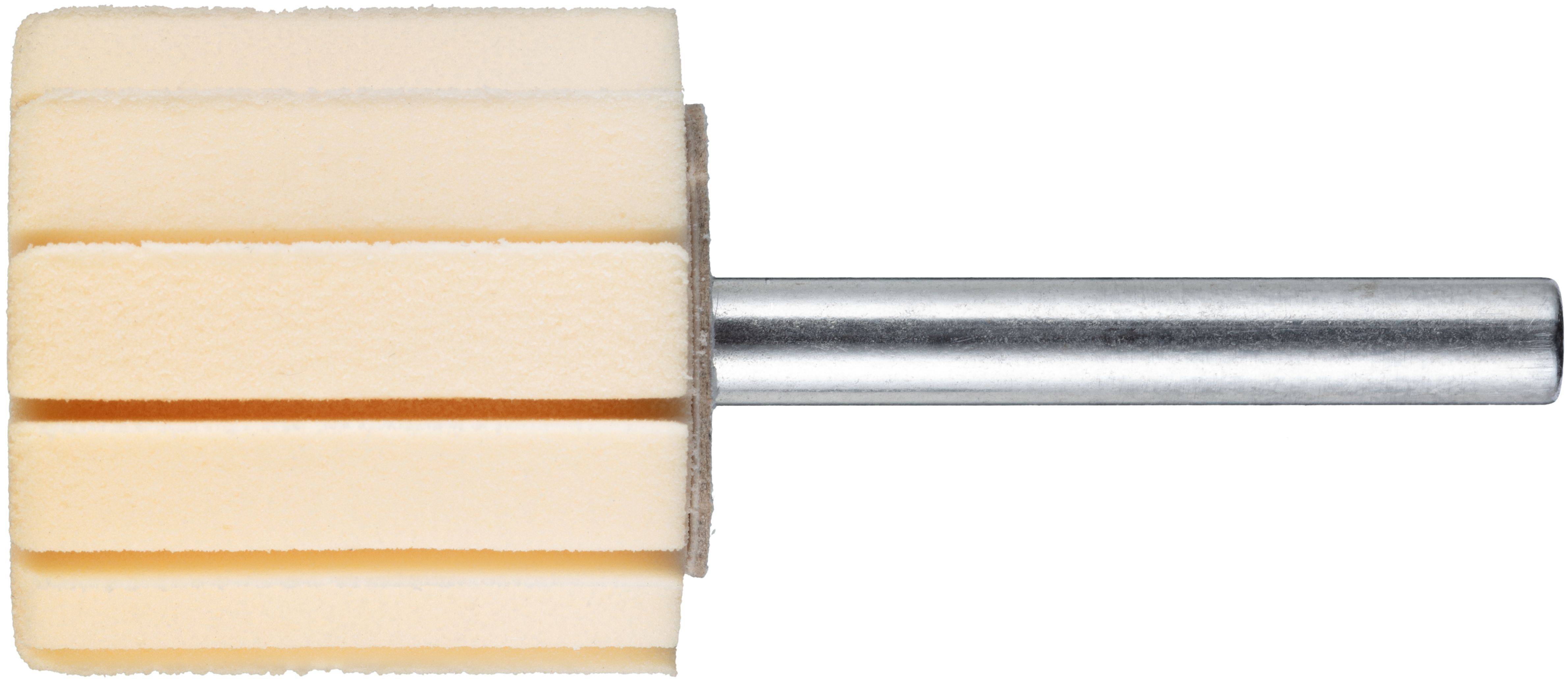 Ein beiger, Schaum-Lamellenschleifer mit einem Metallschaft. Die Schaumlamellen sind gleichmäßig um den Schaft verteilt.
