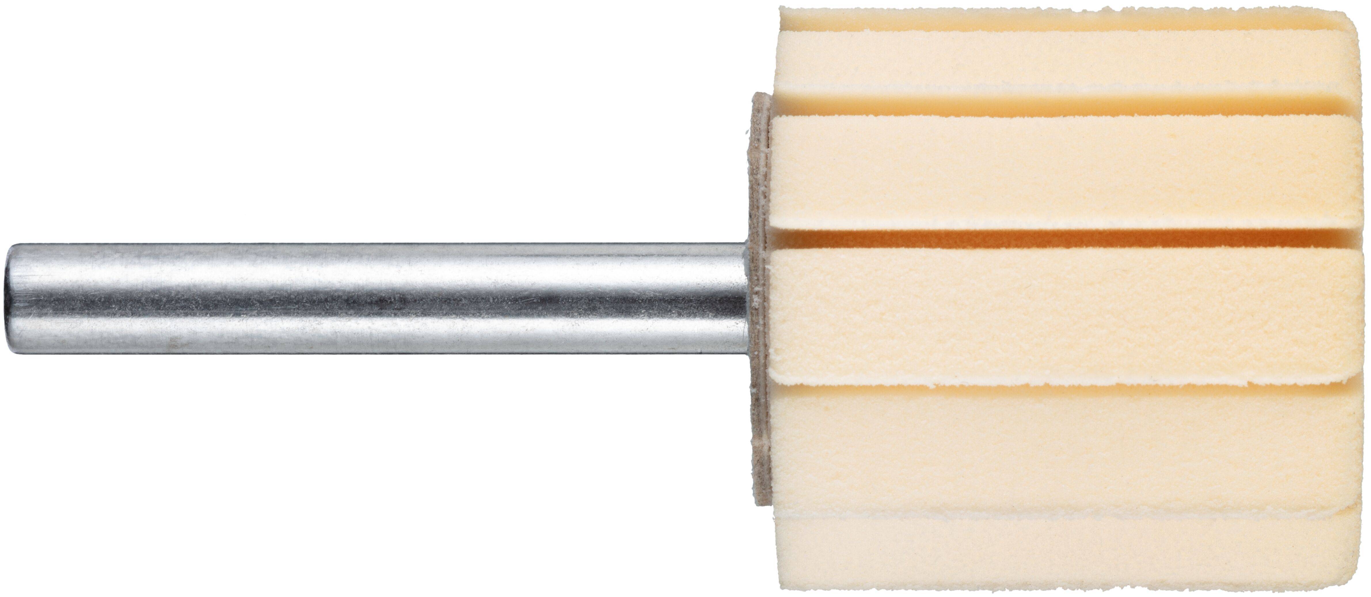 Ein zylindrischer, beiger Polierrad, der an einer Metallstange befestigt ist und für das Glätten von Oberflächen bei mechanischen oder holzverarbeitenden Arbeiten verwendet wird.