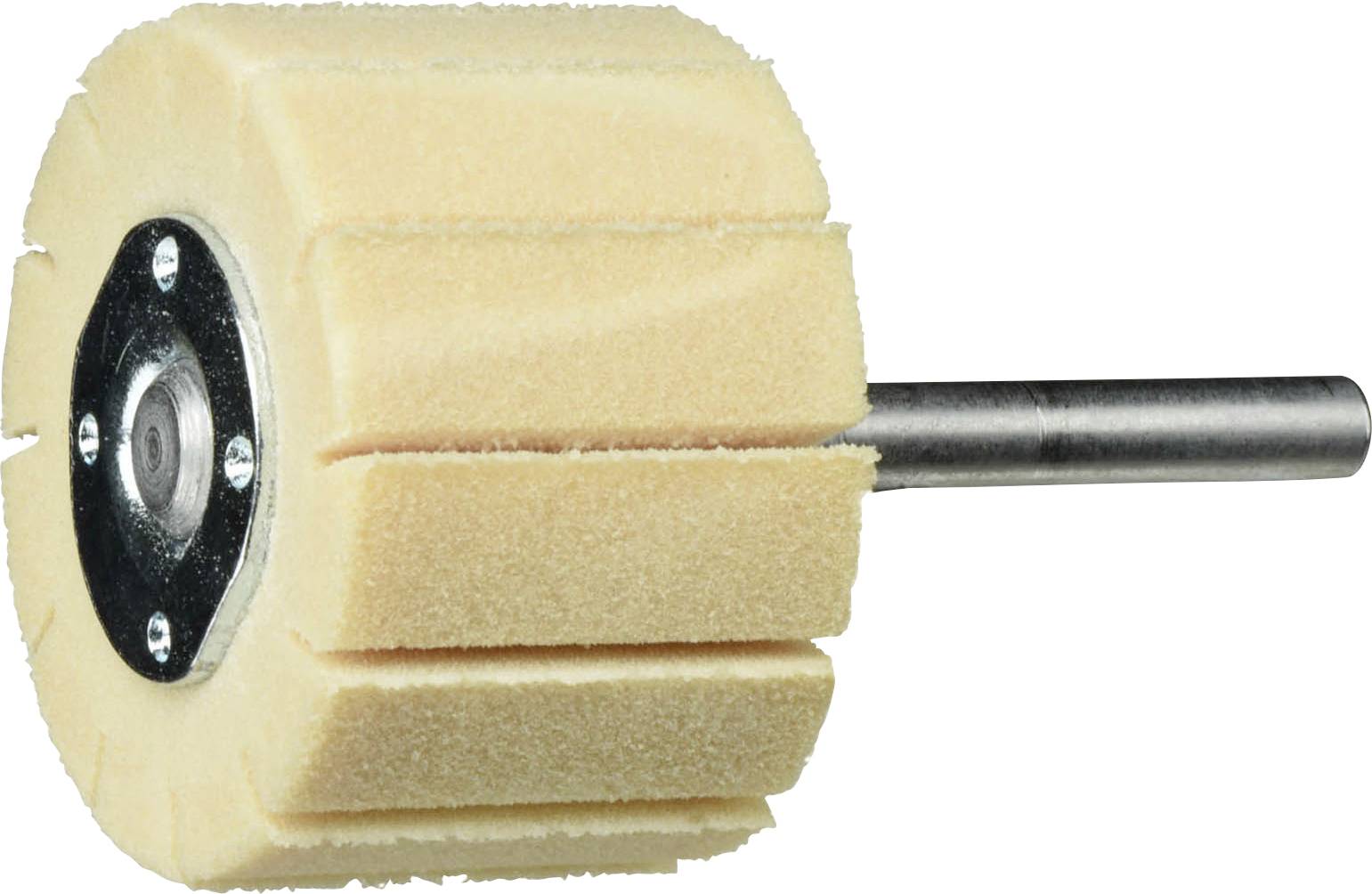 Ein zylindrischer, beiger Schaumstoff-Poliertrommel mit einer Metallstange, konzipiert für die Verwendung mit Elektrowerkzeugen zum Aufbereiten und Polieren von Oberflächen.