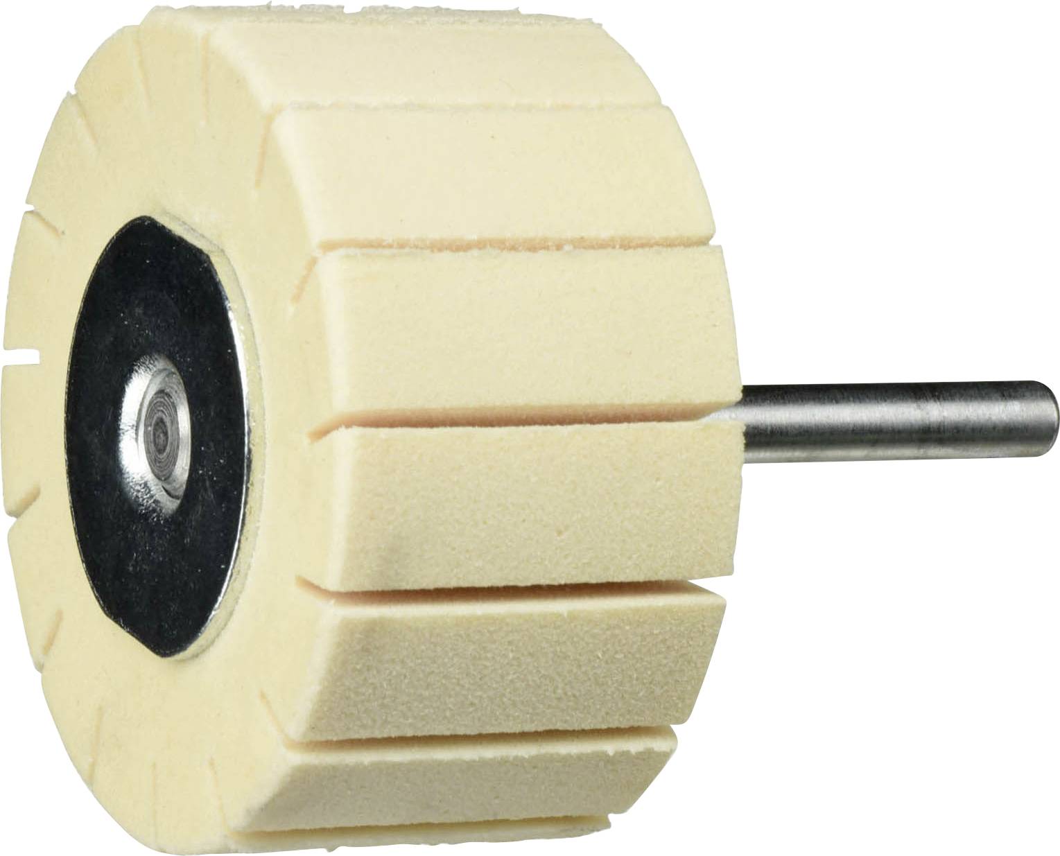 Ein beiger Polierradkörper mit einer Metallspindel, der zum Polieren von Oberflächen verwendet wird. Er hat eine kreisförmige Gestalt mit gleichmäßig verteilten Segmenten.