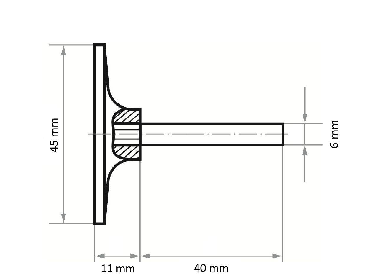Eine technische Zeichnung eines Metallstifts mit Abmessungen: Oberfläche 45 mm, Breite 11 mm, Länge 40 mm, Schaftdurchmesser 6 mm.
