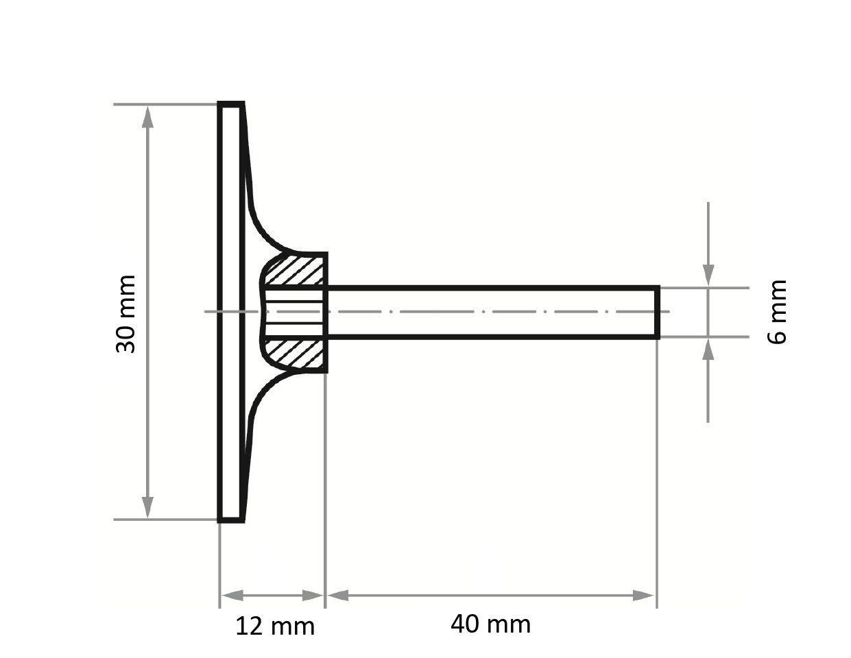 Eine technische Zeichnung eines Ventils mit Seitenansicht und Maßen: Höhe 30 mm, Breite 40 mm, Stieldurchmesser 6 mm, Basis 12 mm.