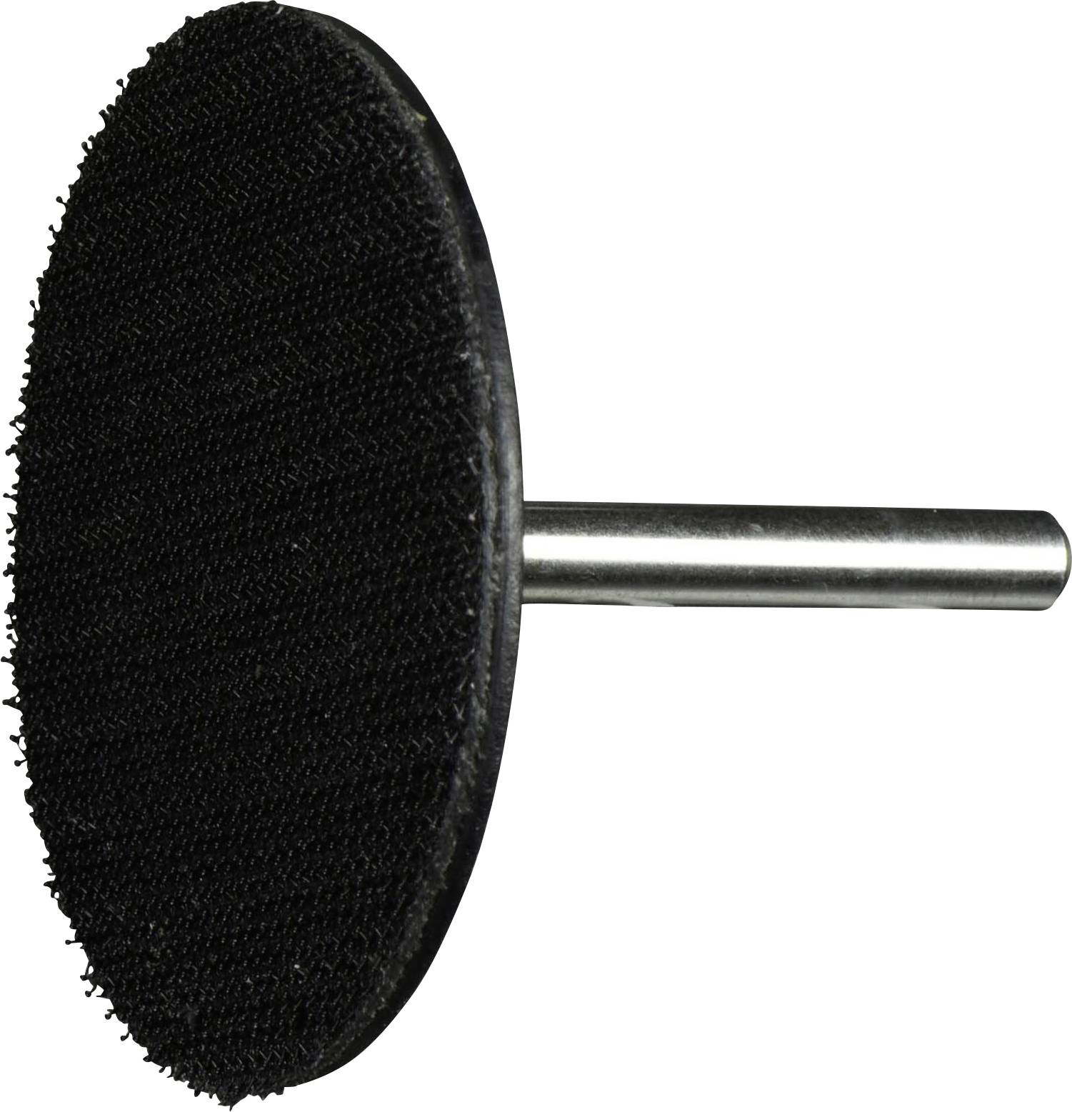 Eine schwarze Schleifscheibe mit Schaftaufnahme, die zum Befestigen an Elektrowerkzeugen zum Glätten von Oberflächen verwendet wird.