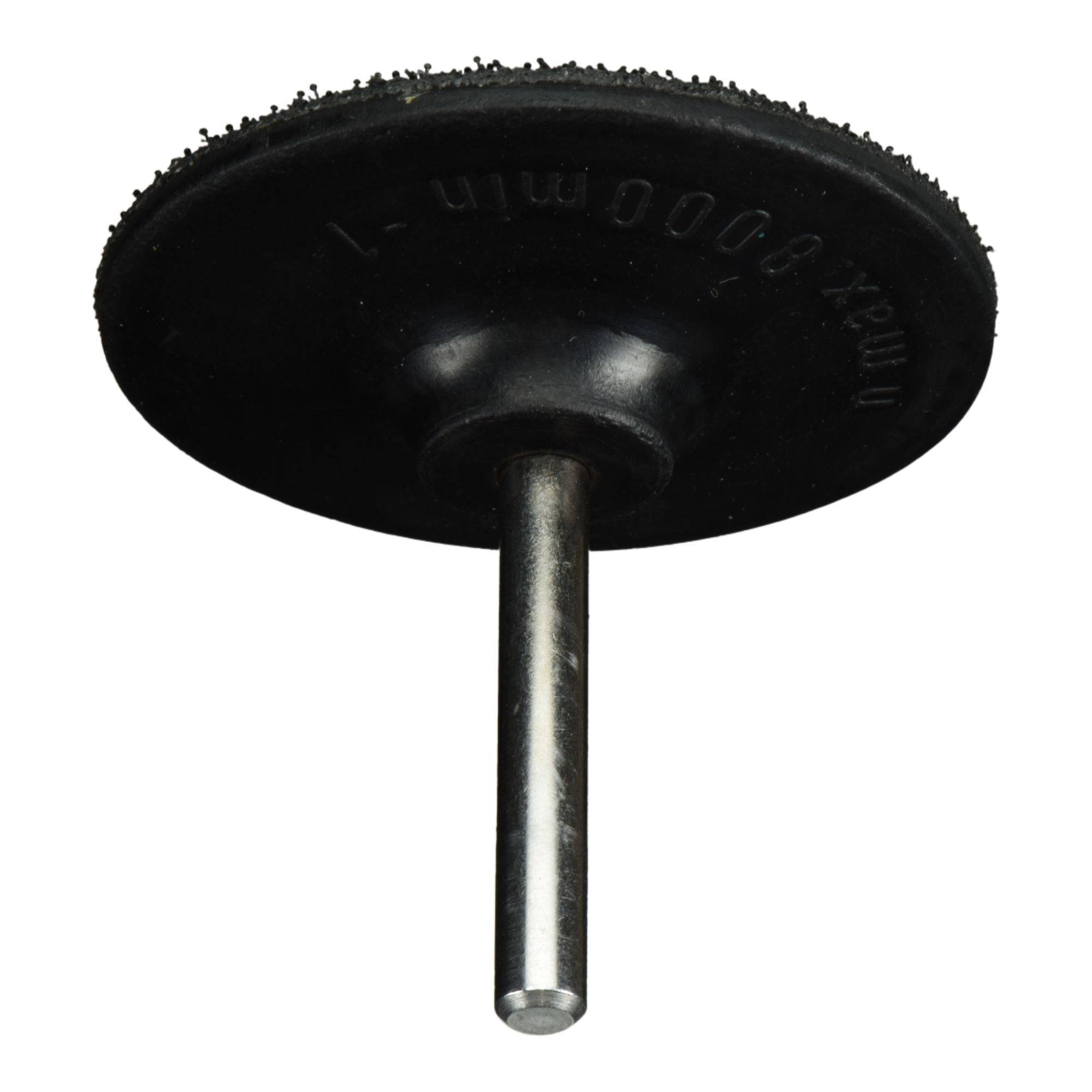 Eine schwarze Schleifscheibe mit einem zentralen Metallschaft, die zum Schleifen oder Polieren von Oberflächen verwendet wird.