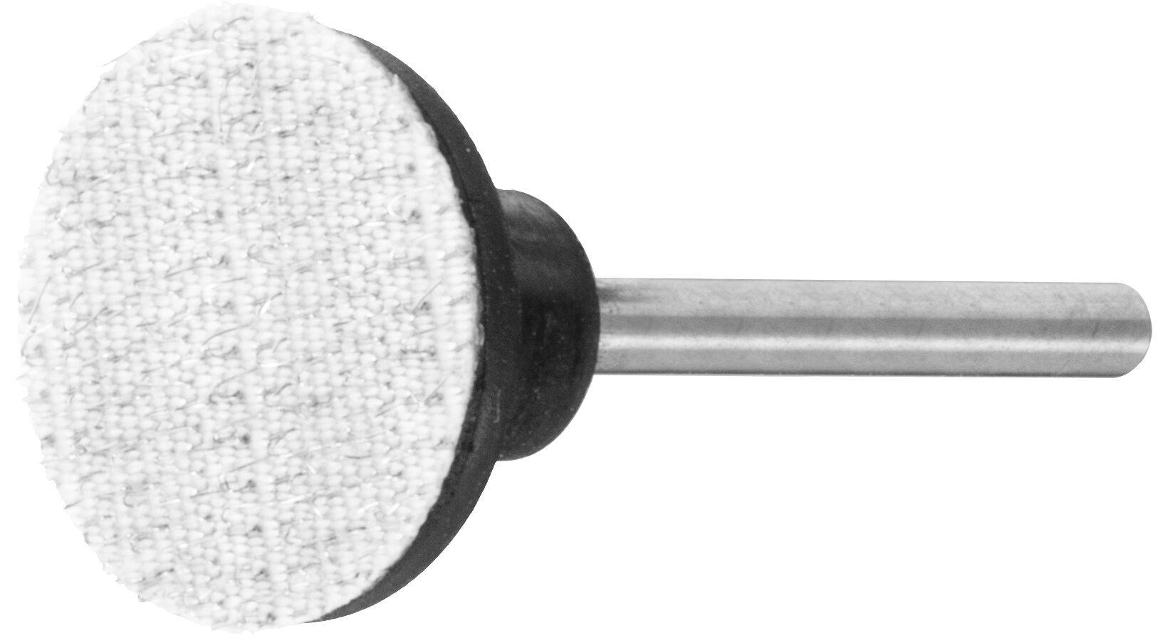 Eine Polierscheibe für Rotationswerkzeuge mit einer kreisförmigen, texturierten weißen Oberfläche, die an einem Metallschaft befestigt ist und zum Glätten und Polieren von Oberflächen verwendet wird.