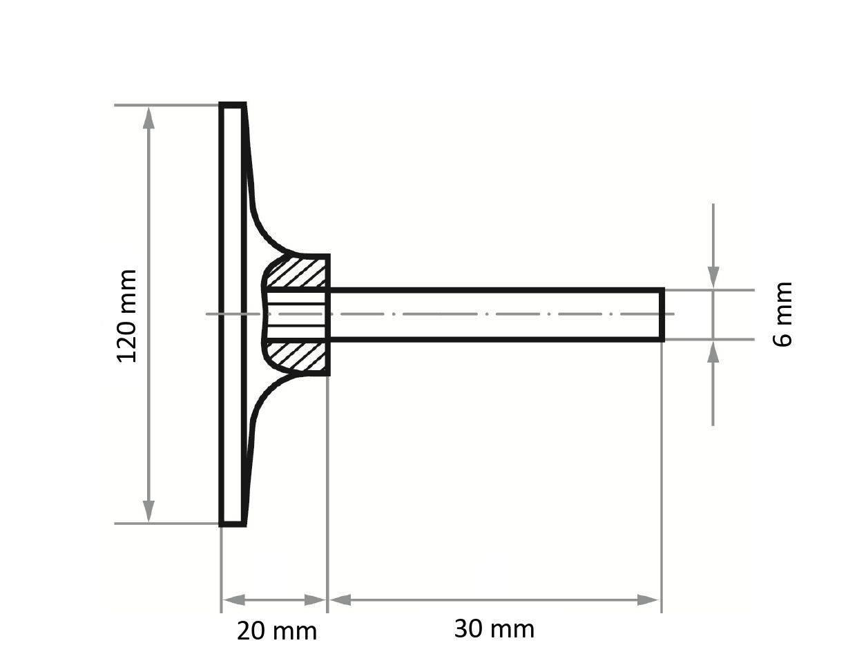 Eine technische Zeichnung mit einer Seitenansicht eines T-förmigen Objekts mit folgenden Abmessungen: 120 mm Höhe, 20 mm Breite oben, 30 mm Basislänge und 6 mm Schaftdicke.