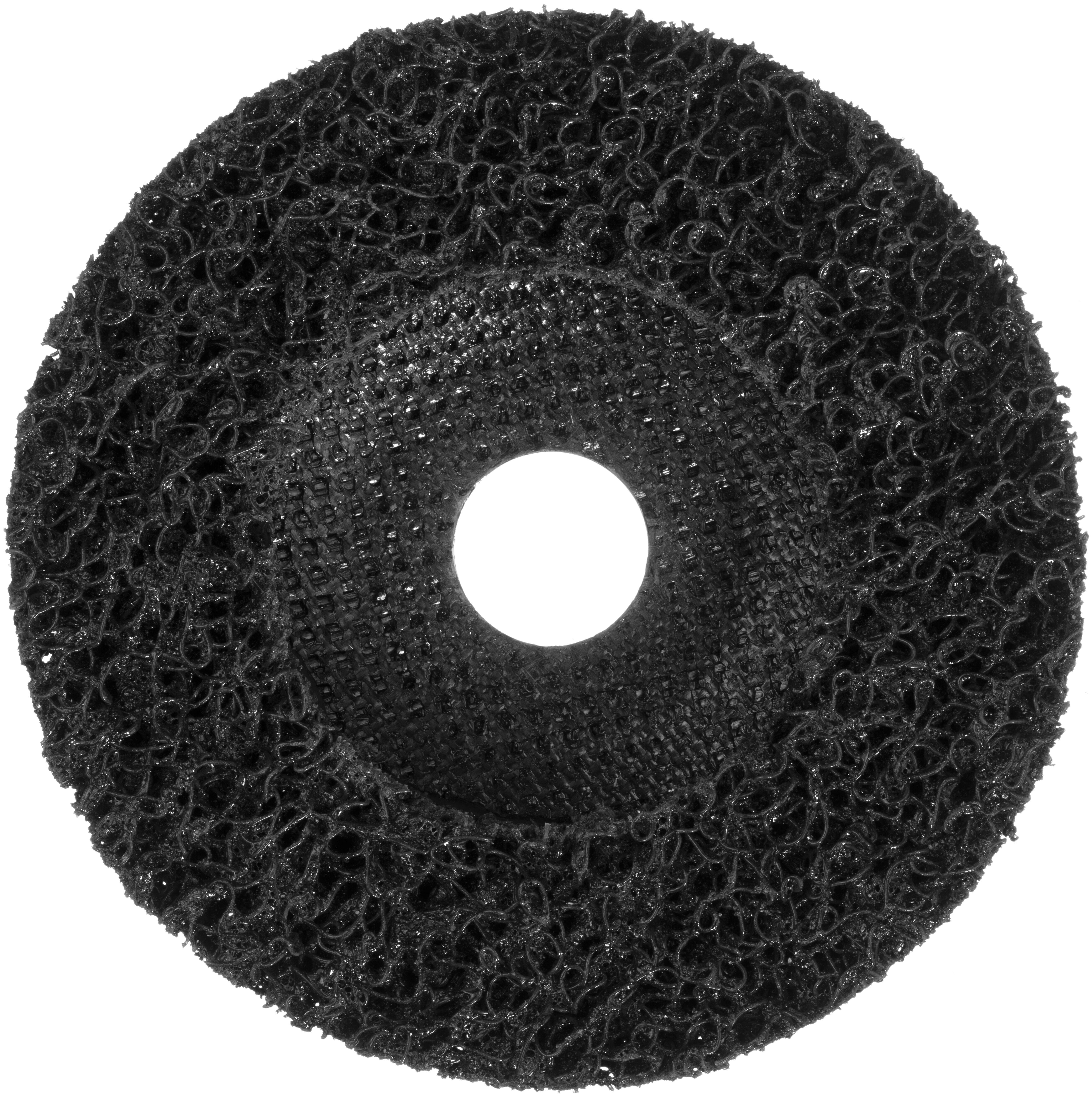 Eine schwarze Schleifscheibe mit einem zentralen Loch, die eine faserige, strukturierte Oberfläche aufweist und zum Entfernen von Rost, Farbe oder anderen Materialien verwendet wird.
