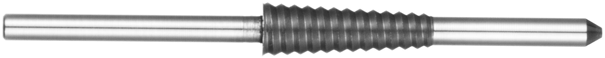 Ein Metallwerkzeug mit einem gewindeten, konischen Ende und einem glatten Griff, das typischerweise für Gewindeschneid- oder Bohrtätigkeiten verwendet wird.