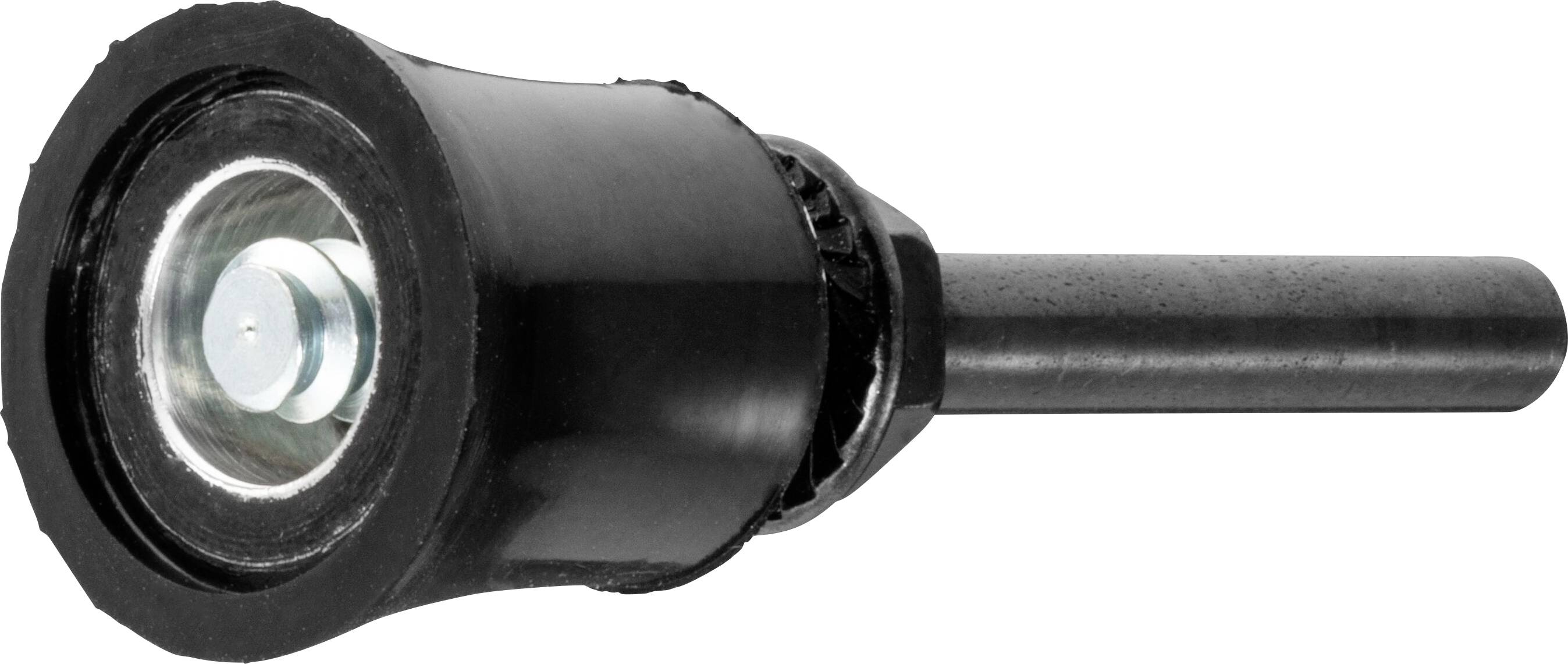 Ein schwarzer Türstopper aus Gummi mit Metallstange und Kappe, der verwendet wird, um Wandschäden durch Türanprall zu verhindern.