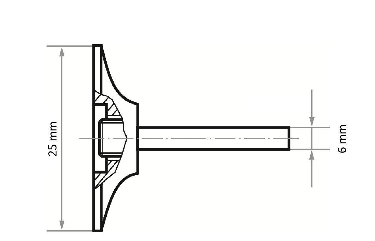 Eine technische Zeichnung eines Kreissägeblatts zeigt folgende Abmessungen: Durchmesser 25 mm, Dicke 6 mm, sowie eine detaillierte Querschnittsansicht.