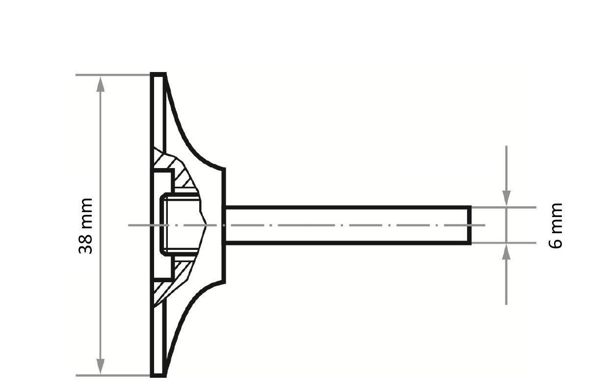 Technische Zeichnung eines T-Profil-Bauteils. Das Bauteil misst 38 mm in der Höhe und 6 mm in der Breite, mit detaillierten Schnittlinien.