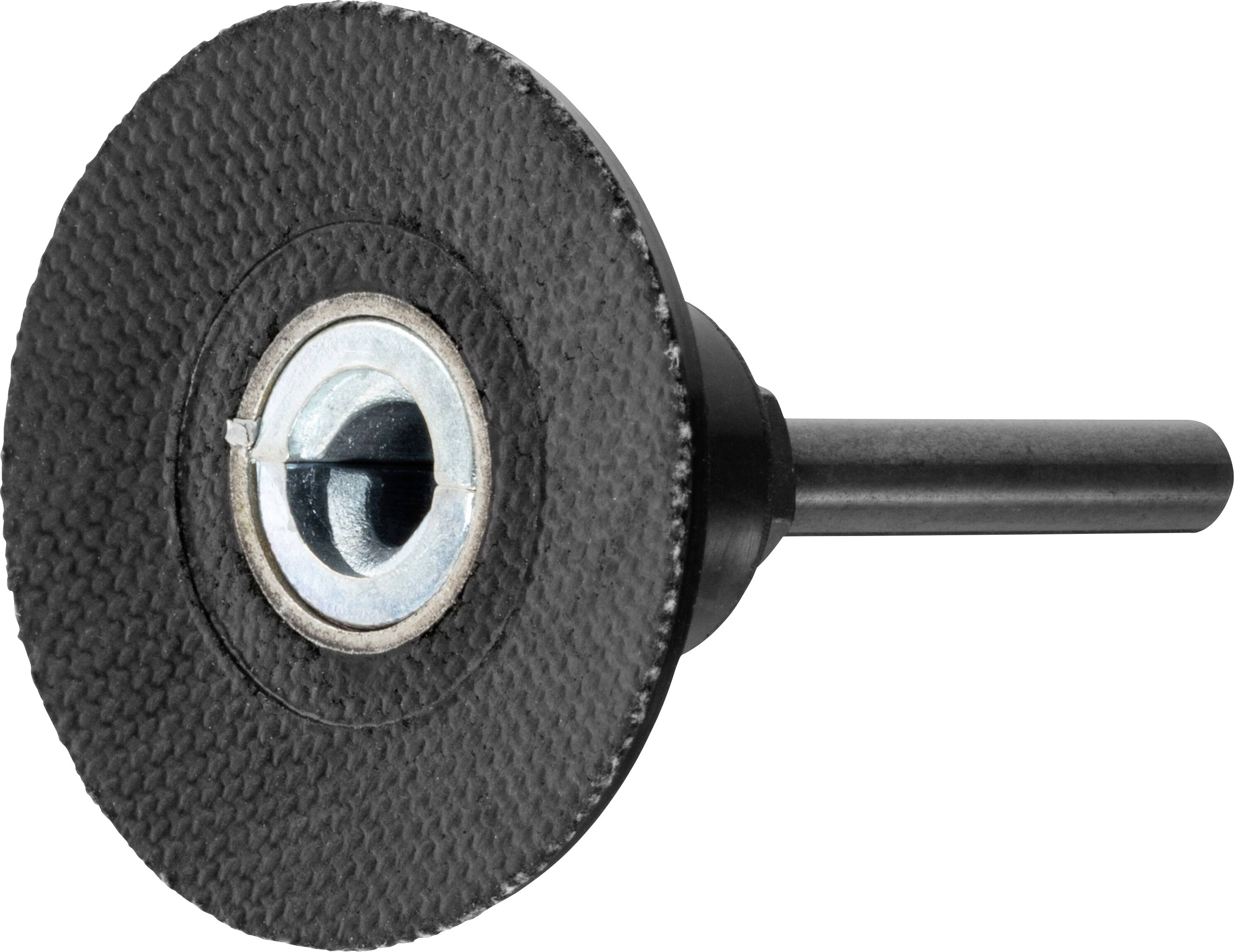 Eine schwarze, kreisförmige Trennscheibe mit einem metallischen Zentralloch und angebrachter Welle, konzipiert für den Einsatz mit Werkzeugen wie Bohrmaschinen oder Winkelschleifern.