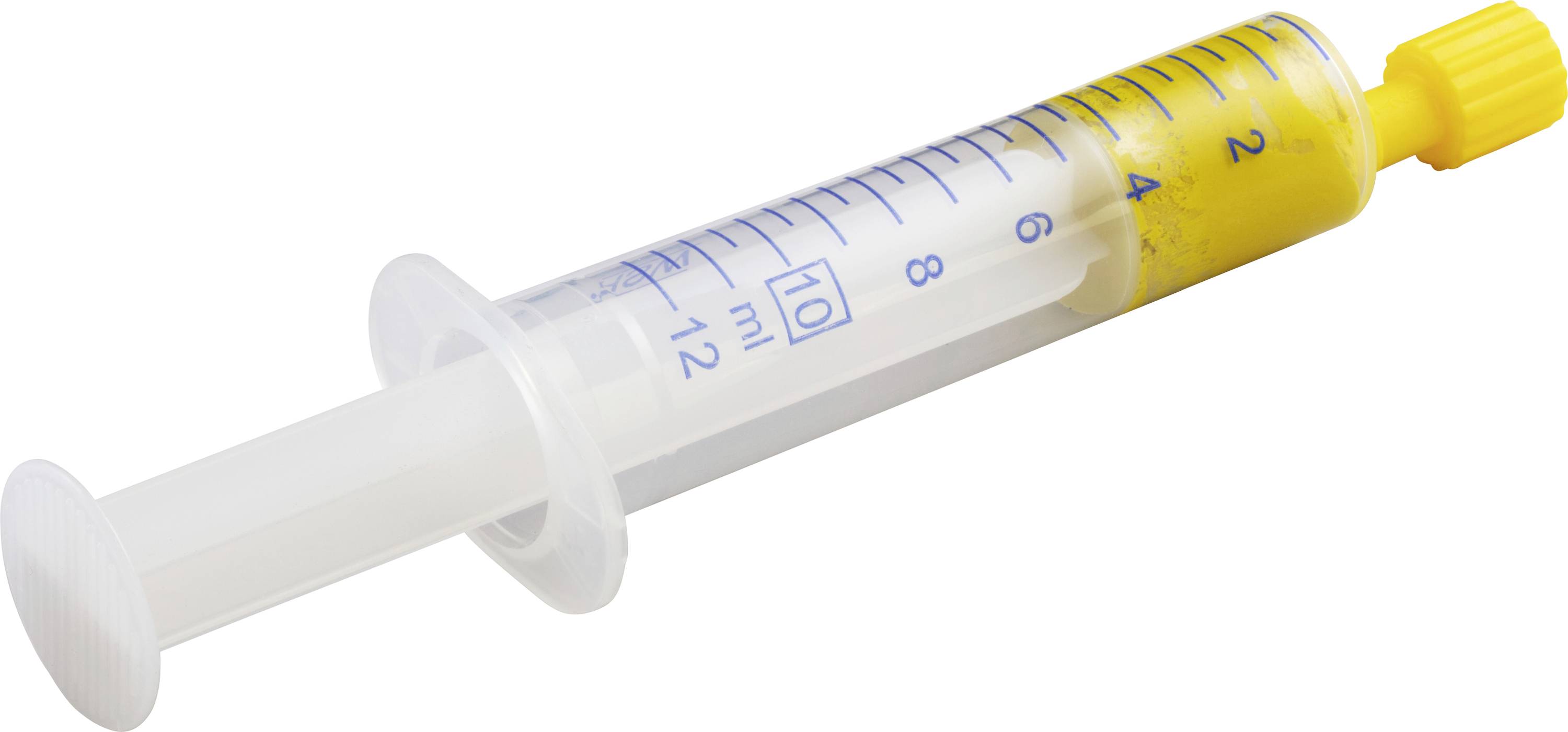 Eine 10-ml-Spritze mit einem gelben Kolben, gefüllt mit einer gelben Flüssigkeit.