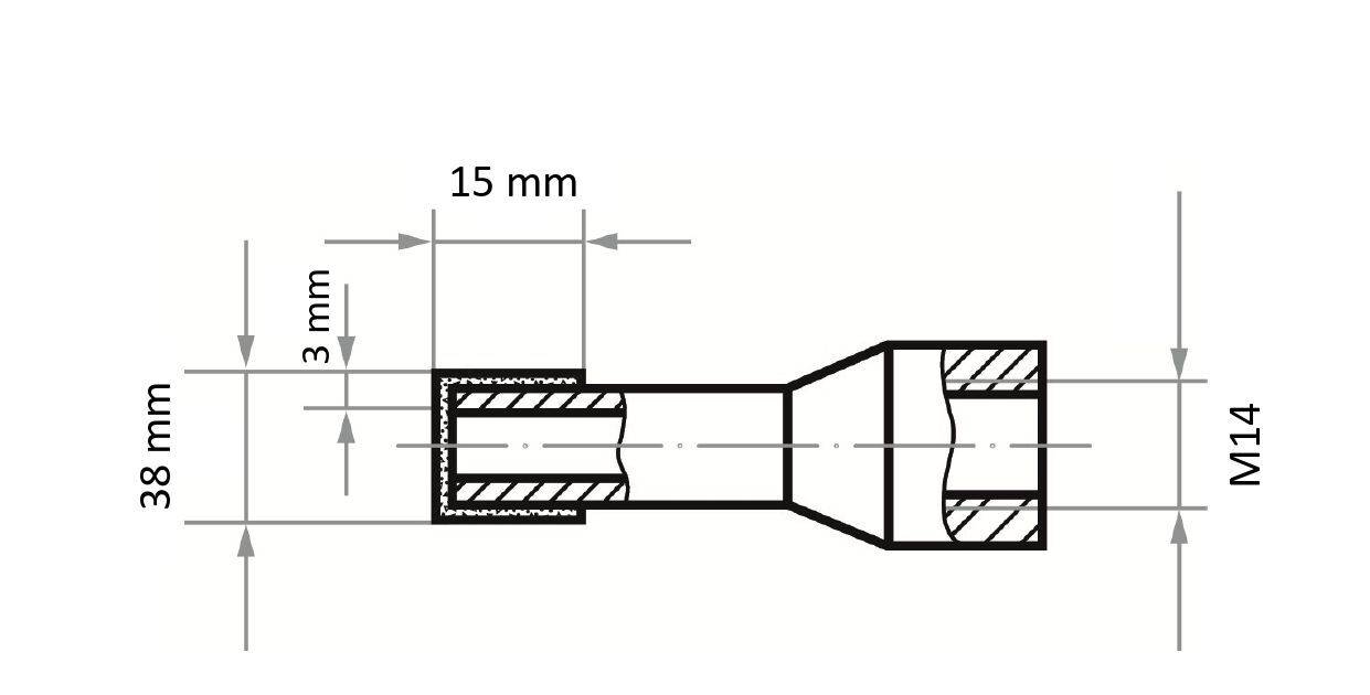 Technische Zeichnung einer zylindrischen Komponente: 38 mm Länge, 15 mm breites Ende, M14-Gewinde am gegenüberliegenden Ende, mit einem 3 mm breiten Übergangsbereich.