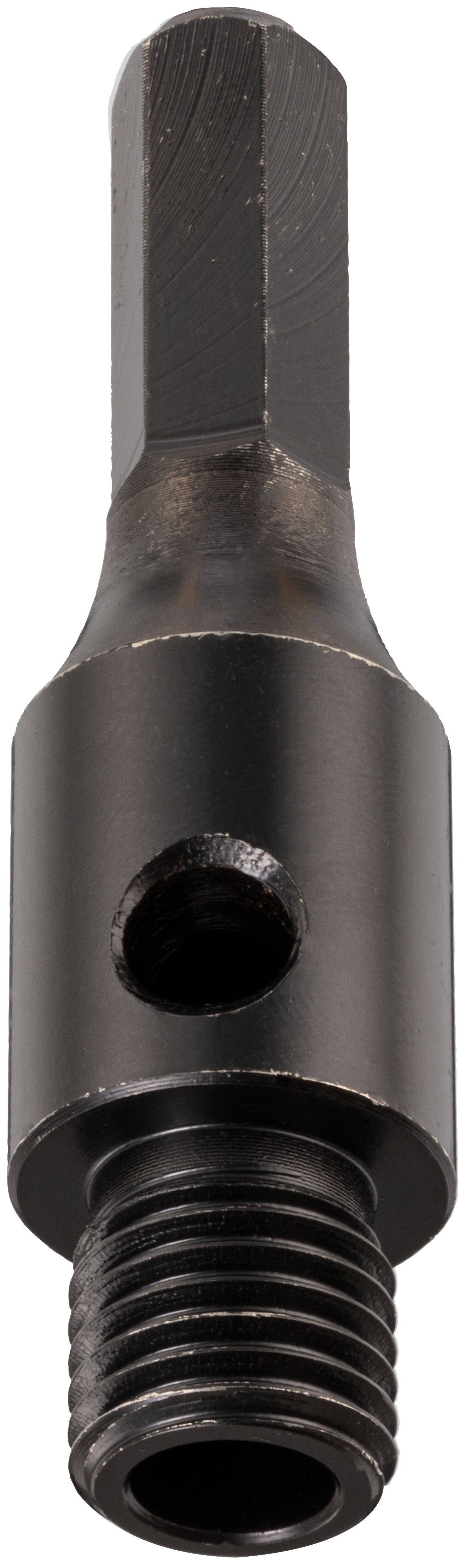 Ein schwarzer Sechskantschraubendreher mit gewindeter Spitze und einem Loch zur sicheren Befestigung, der üblicherweise zum Anziehen oder Lösen von Hardwarekomponenten verwendet wird.