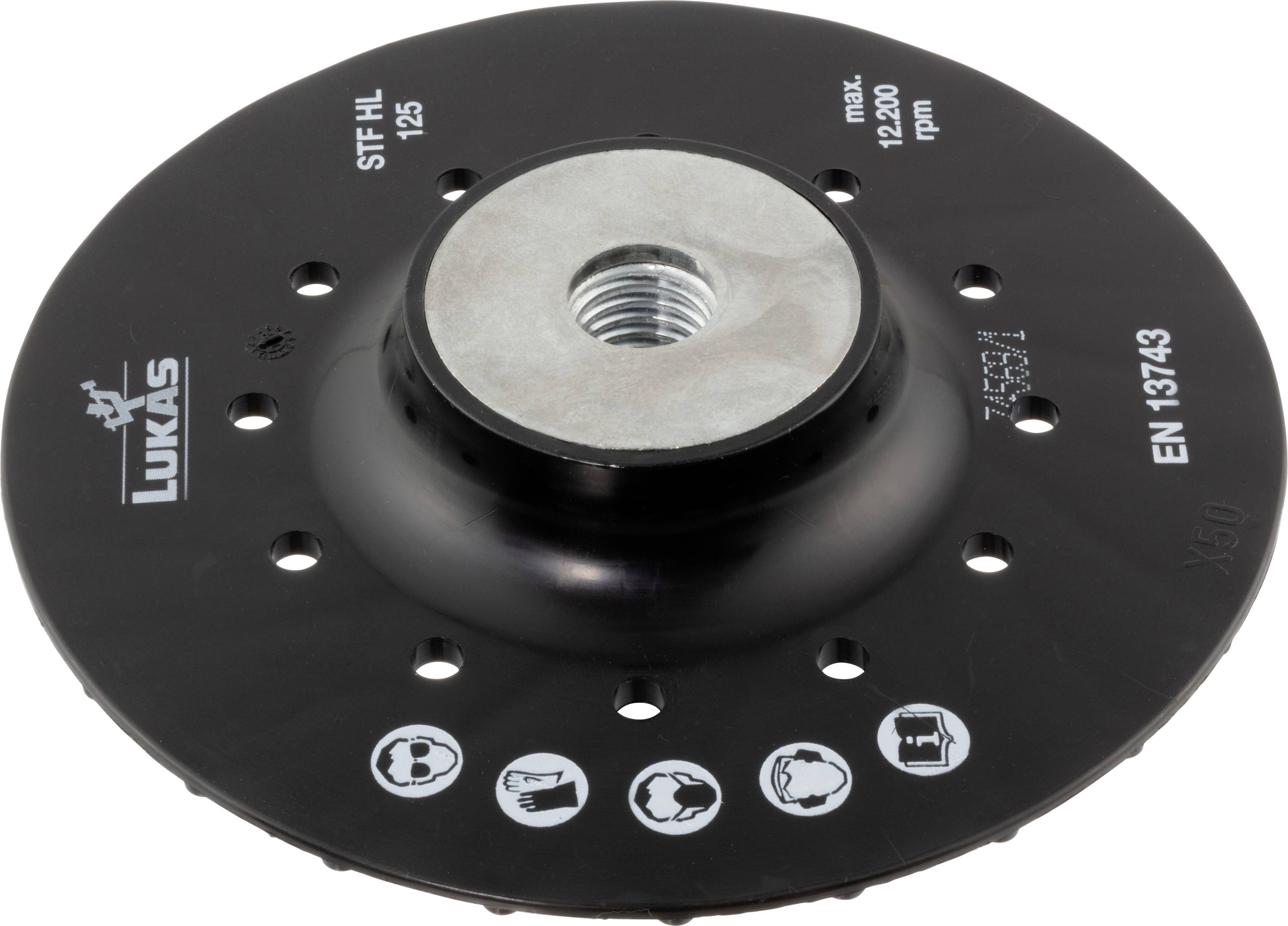 Eine schwarze, kreisförmige Schleifscheibe mit zentraler Metallbefestigungsstelle, mit der Markenaufschrift 'Lukas', versehen mit Sicherheitssymbolen und der Kennzeichnung 'EN 13743'.