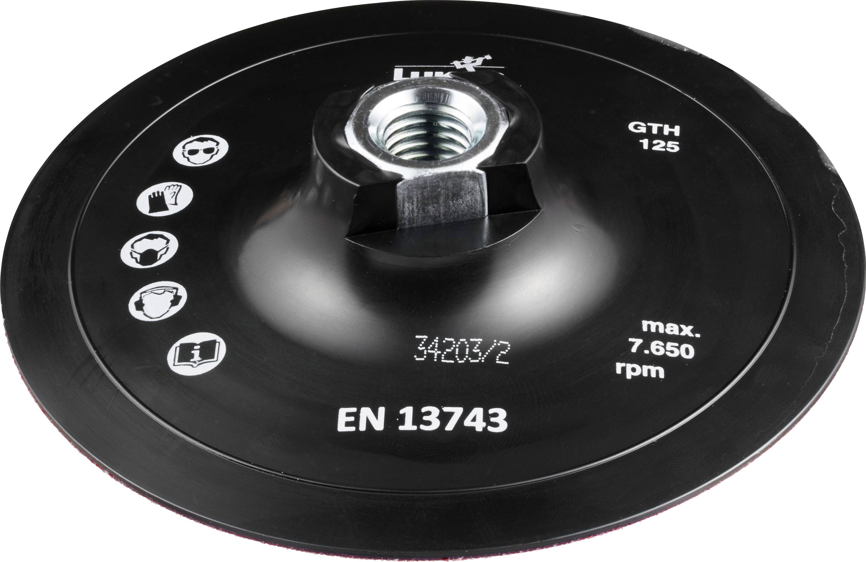 Trennschleifscheibe mit Sicherheitssymbolen, Modell GTH 125, maximal 7.650 U/min, konform mit der EN 13743-Norm.
