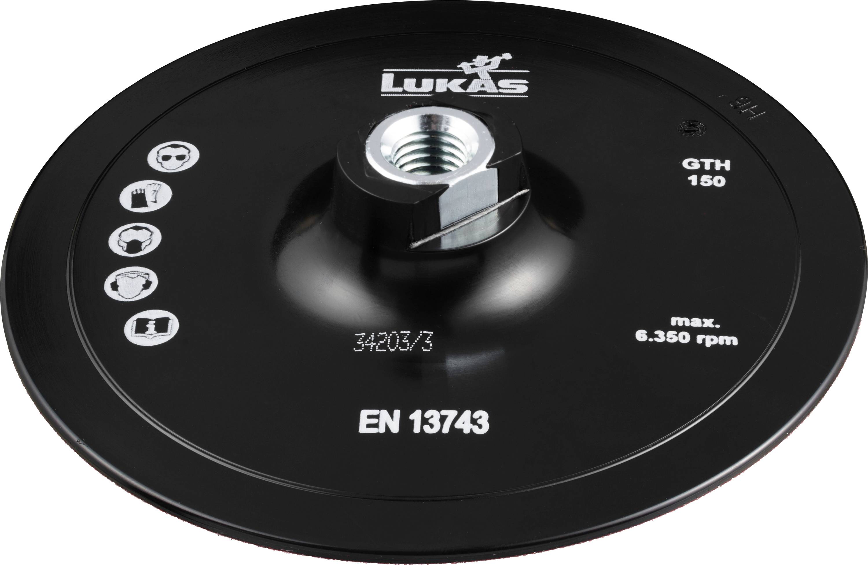 Schleifscheibe 'LUKAS GTH 150' nach EN 13743-Norm, max. 6.350 U/min. Schwarze Scheibe mit zentraler Gewindebohrung und Symbolen auf der linken Seite.