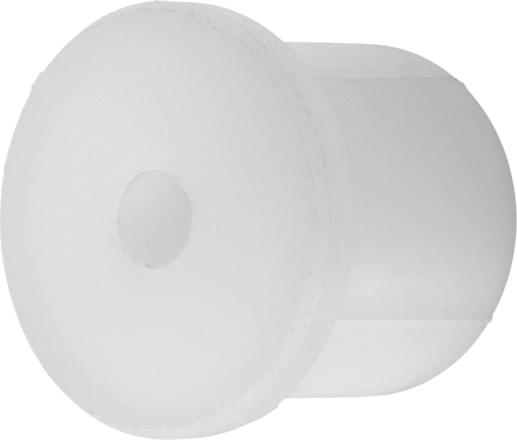 Ein kleiner, runder, durchscheinend weißer Kunststoffstopfen mit flacher Oberseite und gerillten Seiten, der zum Abdichten oder Abdecken von Öffnungen verwendet wird.