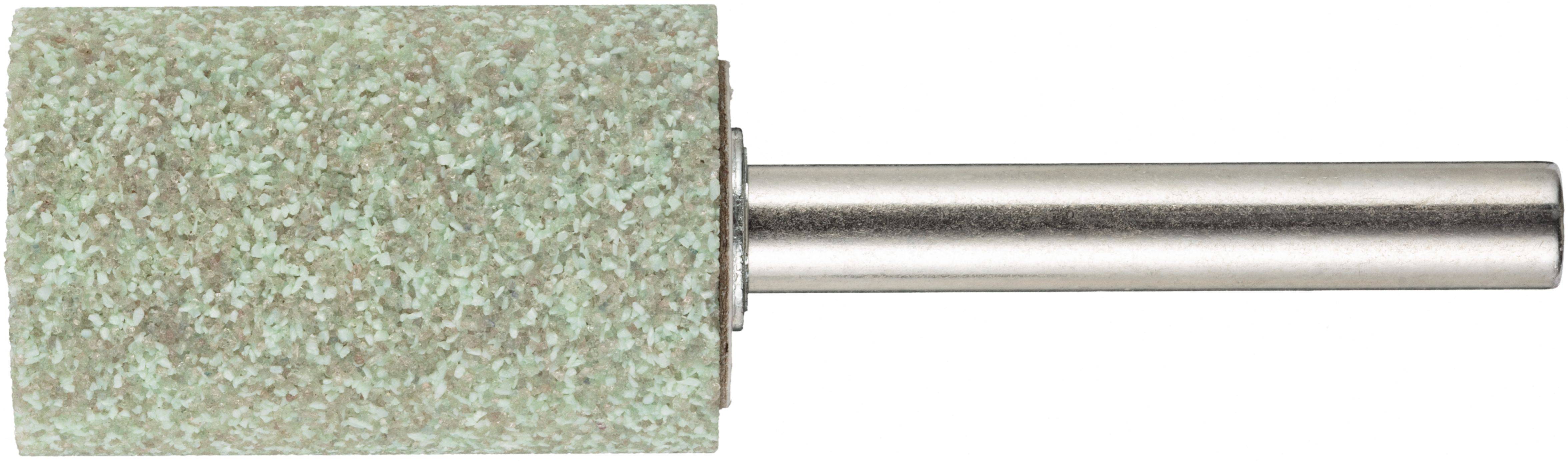 Ein zylindrischer Schleifstein mit einer strukturierten, abrasiven Oberfläche und einem Metallschaft, der zum Schärfen oder Formen von Metallwerkzeugen verwendet wird.