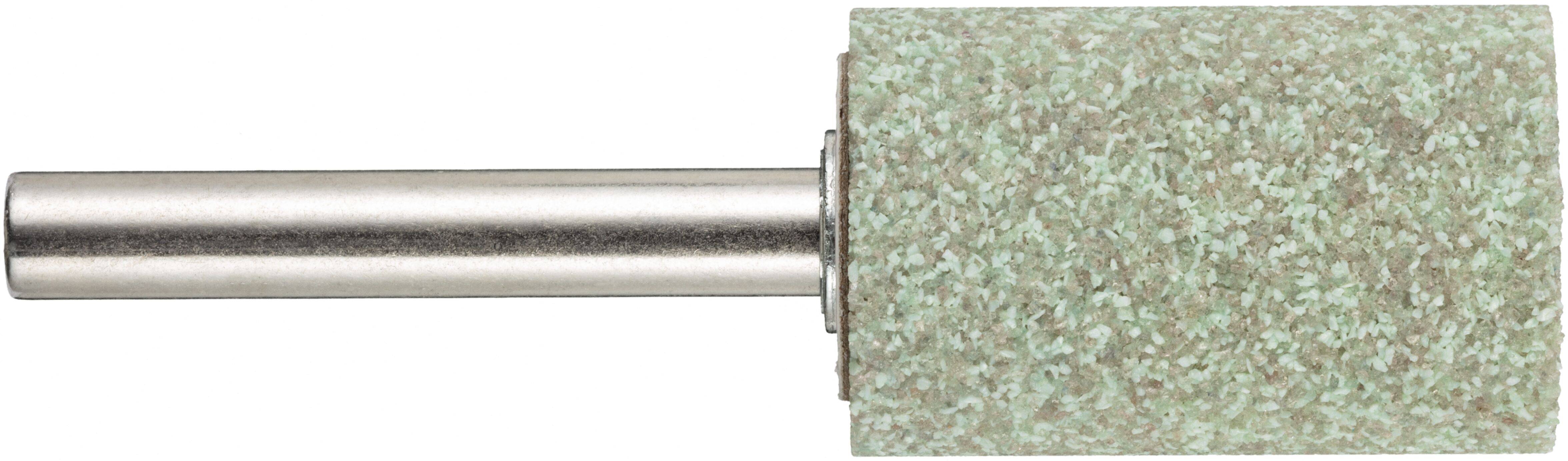 Ein zylindrischer Schleifstein mit einer strukturierten grünen Oberfläche und einer Metallachse, der in Rotationswerkzeugen zum Schärfen oder Formen von Materialien verwendet wird.