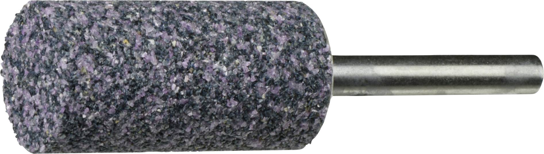 Ein zylindrischer Schleifstein mit einer strukturierten, gesprenkelte Oberfläche in Lila und einem Metallschaft zum Anbringen an einem Rotationswerkzeug.