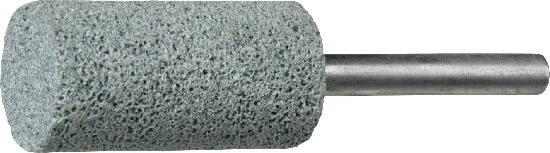 Ein zylindrischer grauer Schleifstein mit einer Metallachse, der zum Schärfen oder Glätten von Oberflächen verwendet wird.