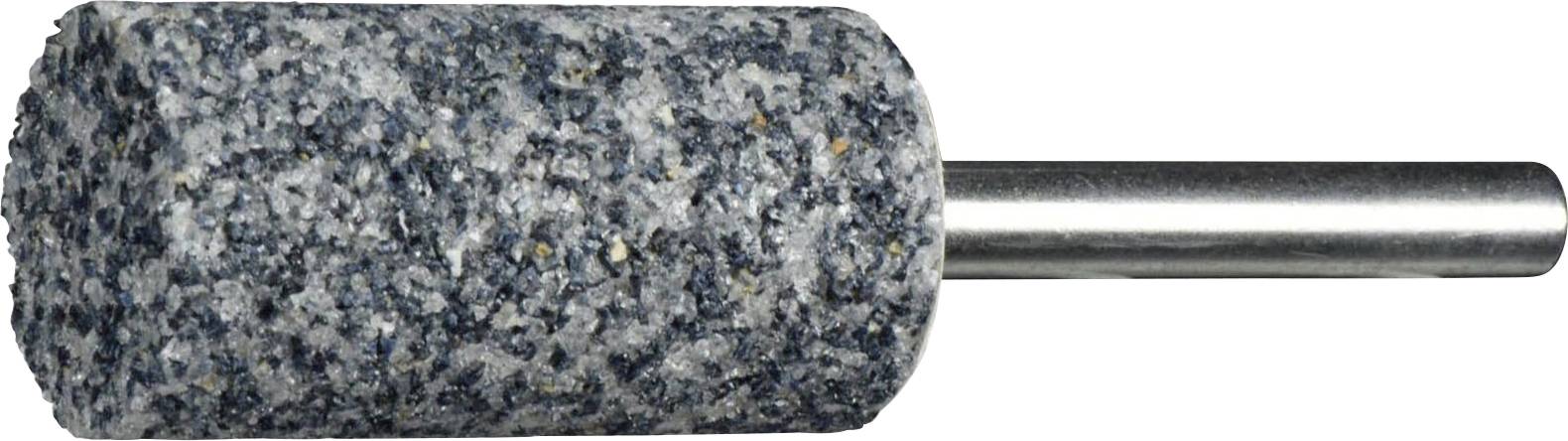 Schleifstein mit zylindrischer Form und rauer Oberflächenstruktur. An einem Metallschaft befestigt, wird er zum Glätten oder Schärfen von Oberflächen verwendet.