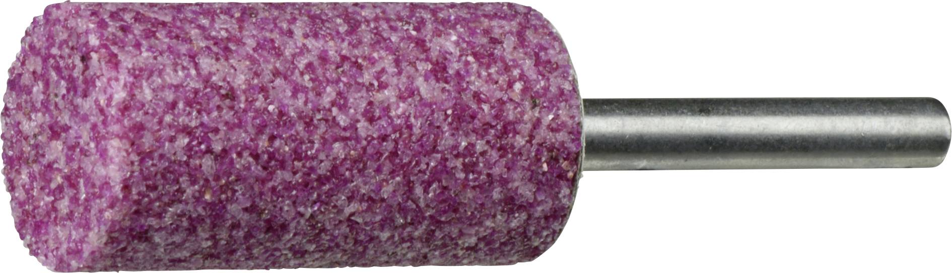 Ein zylindrischer Schleifstein mit einer rosa, strukturierten Oberfläche und einem Metallschaft zum Anbringen an einem Rotationswerkzeug.
