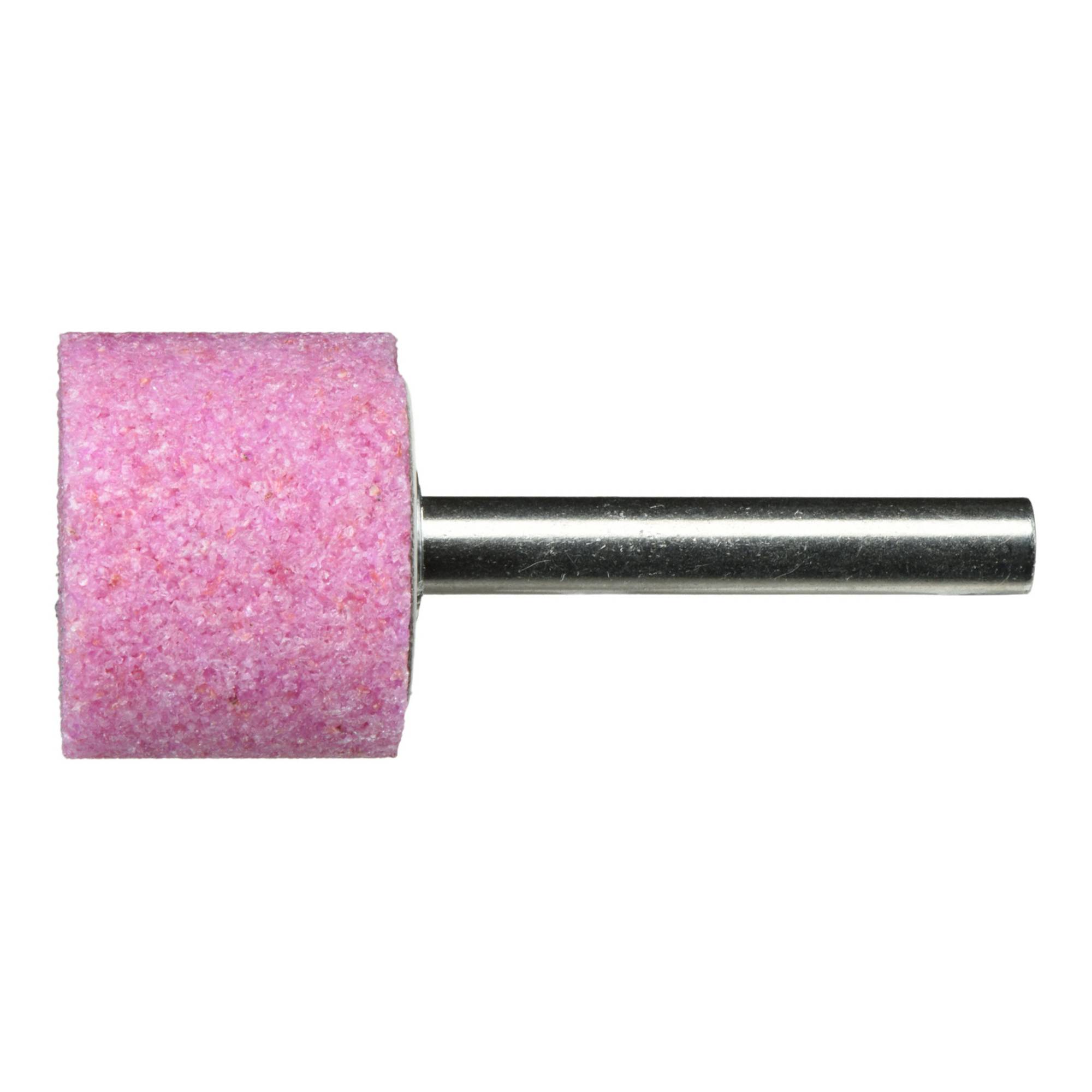Ein rosa zylindrischer Schleifstein mit einem Metallschaft, der zum Schärfen oder Formen von Werkzeugen verwendet wird, ist vor einem weißen Hintergrund abgebildet.