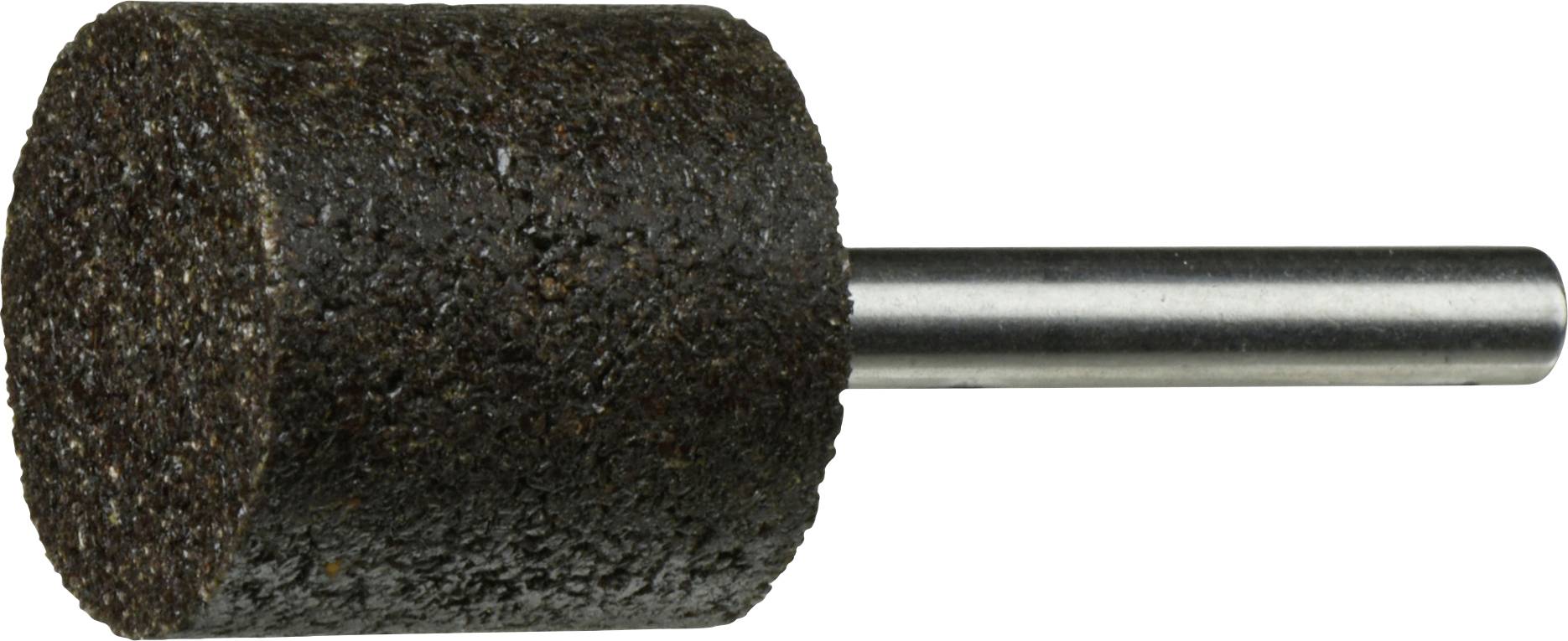 Ein zylindrischer Schleifstein mit einer strukturierten schwarzen Oberfläche und einem Metallschaft, der zum Formen oder Finish von Materialien verwendet wird.