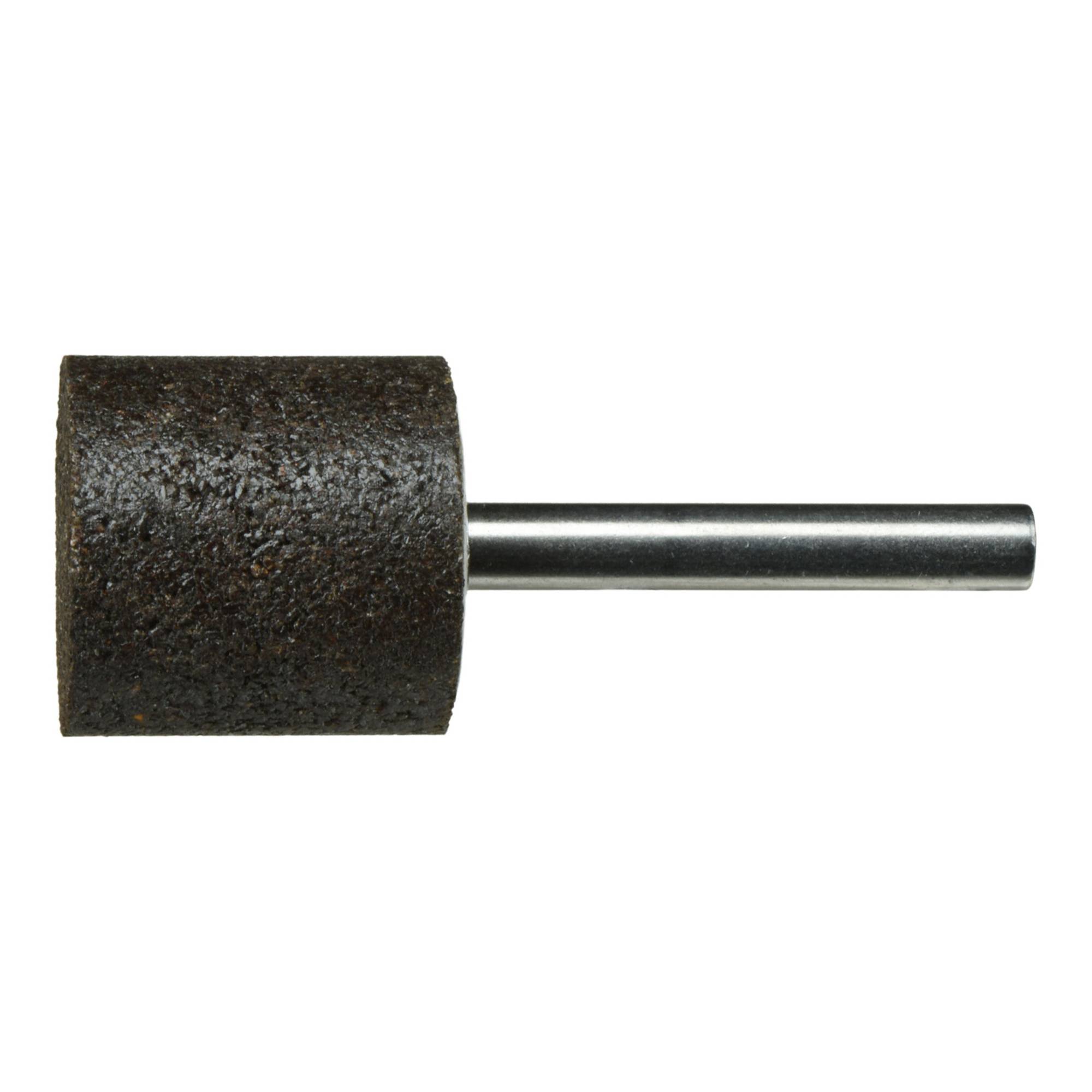 Ein zylindrischer Schleifbit mit einem strukturierten braunen Schleifkopf und einem Metallschaft, verwendet zum Glätten und Schärfen von Oberflächen.