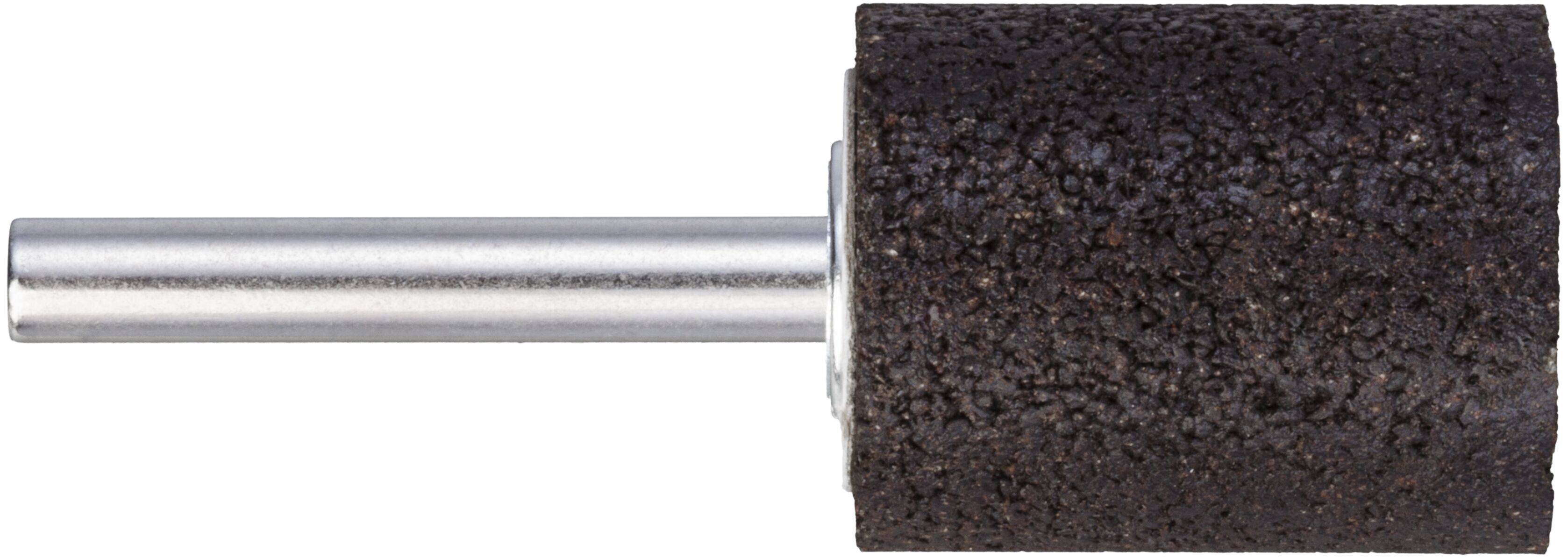 Ein zylindrischer Schleifaufsatz mit Metallschaft und grob strukturierter Schleifoberfläche.