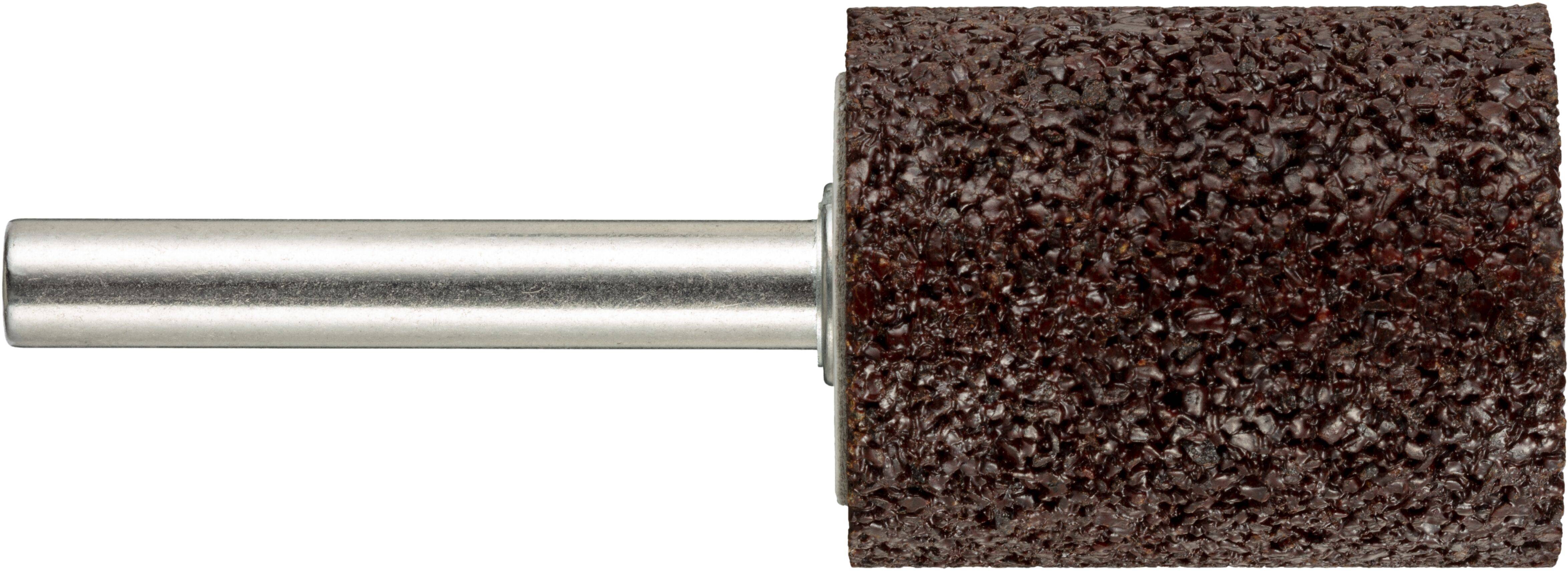 Ein zylindrischer Schleiftrommel mit einer rauen, braunen Schleifoberfläche und einer Metallachse. Verwendet zum Glätten oder Formen von Materialien.