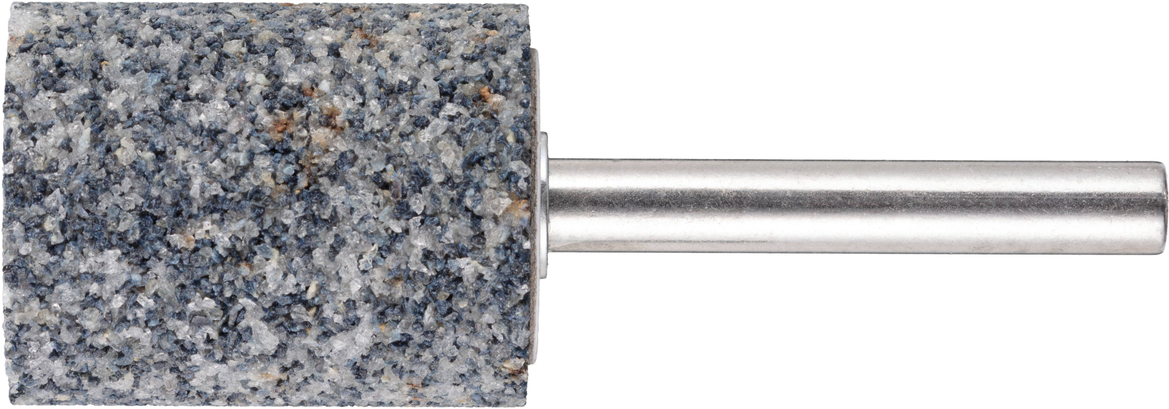 Ein zylindrischer Schleifstein mit einer rauen, gesprenkelte Oberfläche ist an einem Metallschaft befestigt und wird für Schärfungs- oder Polieraufgaben verwendet.
