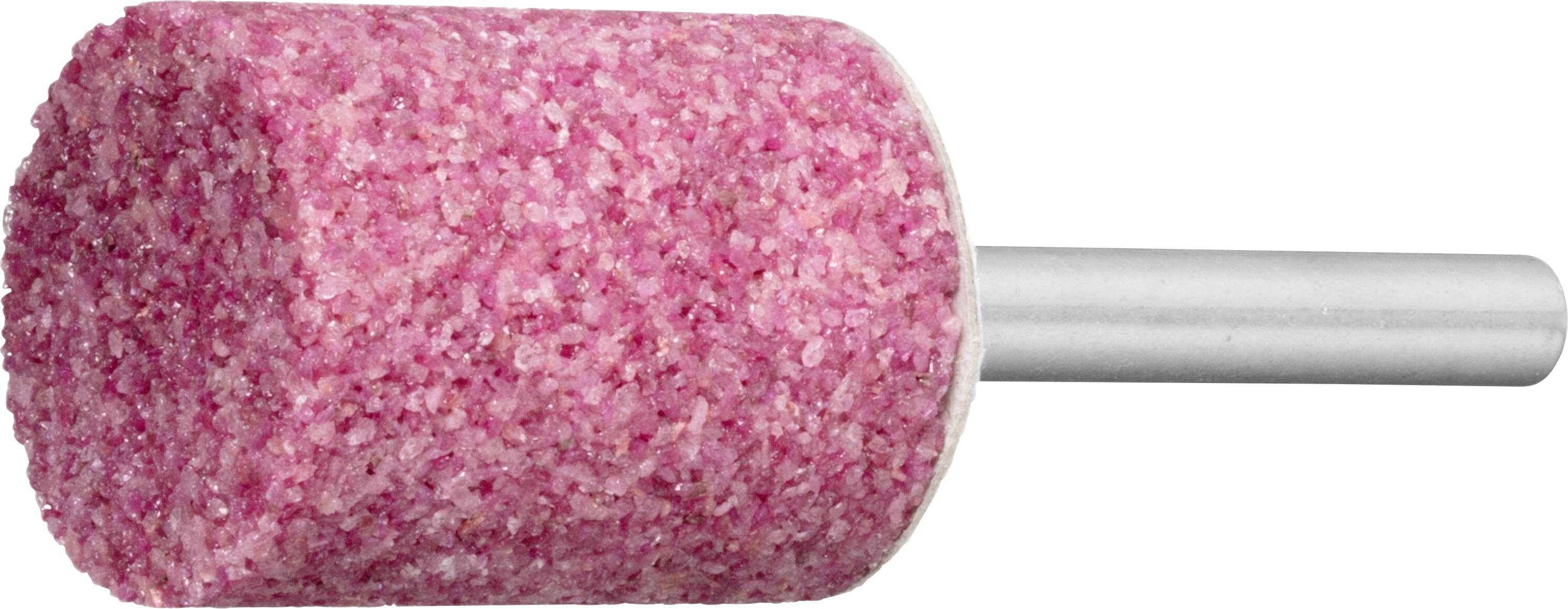 Ein zylindrischer Schleifstein mit einer rosa, grobstrukturierten Oberfläche, der an einem Metallschaft befestigt ist.
