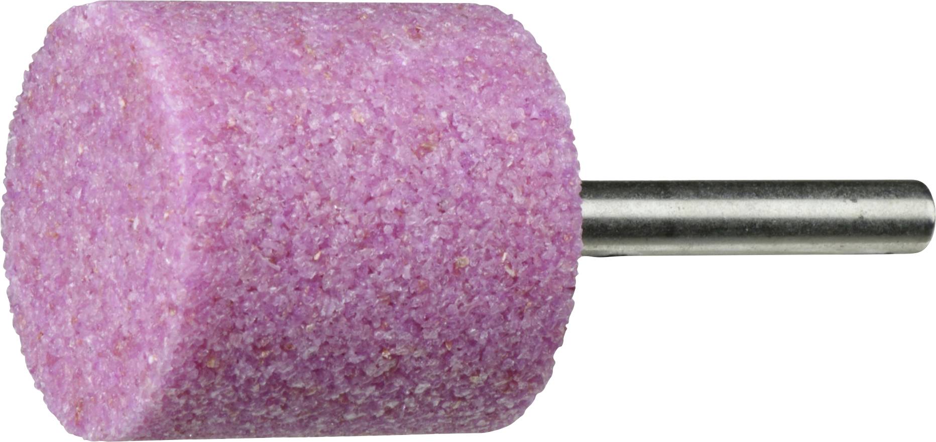 Ein rosa zylindrischer Schleifstein mit Metallschaft, verwendet zum Formen oder Glätten von Oberflächen.