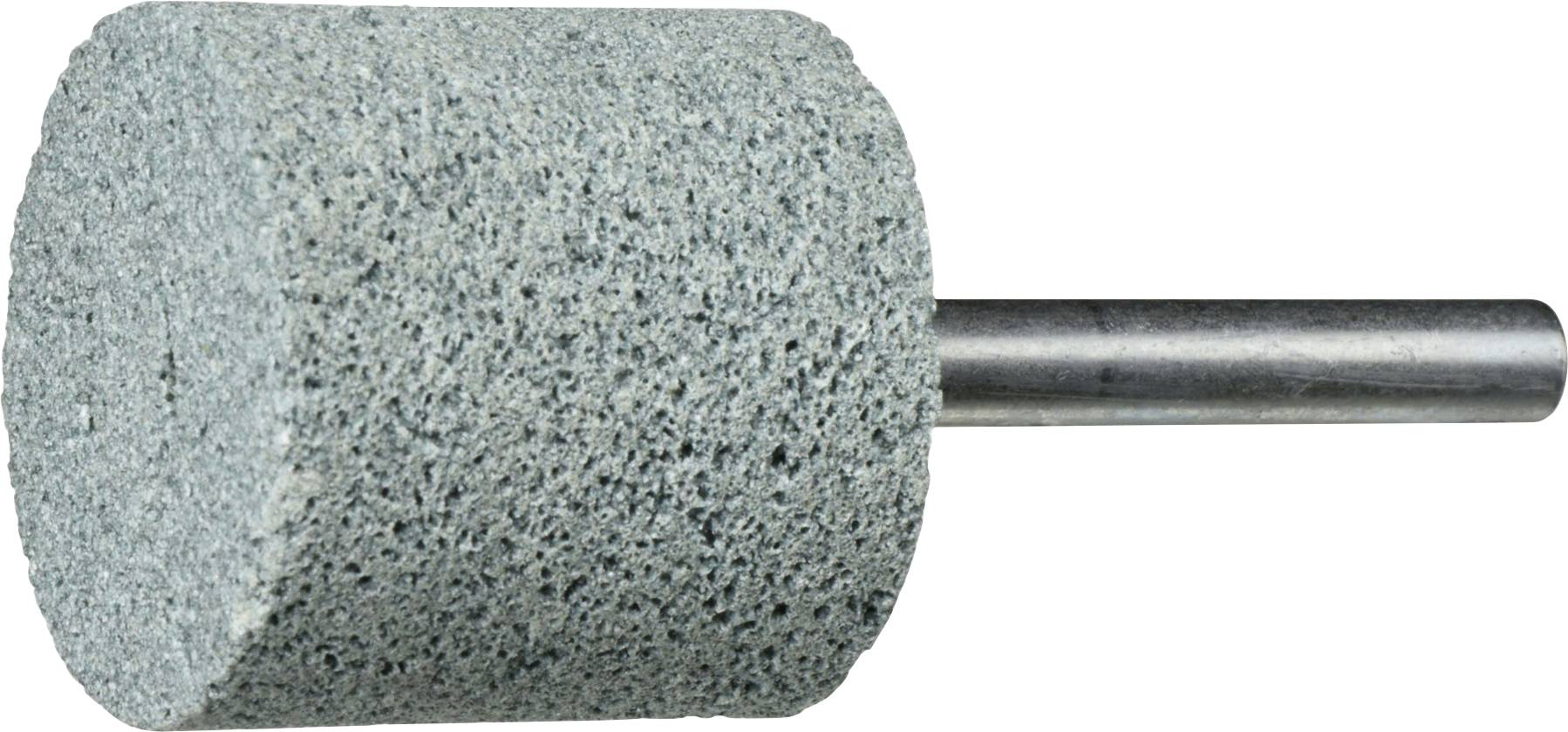 Ein zylindrischer grauer Schleifstein mit Metallschaft zum Befestigen, der zum Schärfen, Formen oder Glätten von Oberflächen verwendet wird.