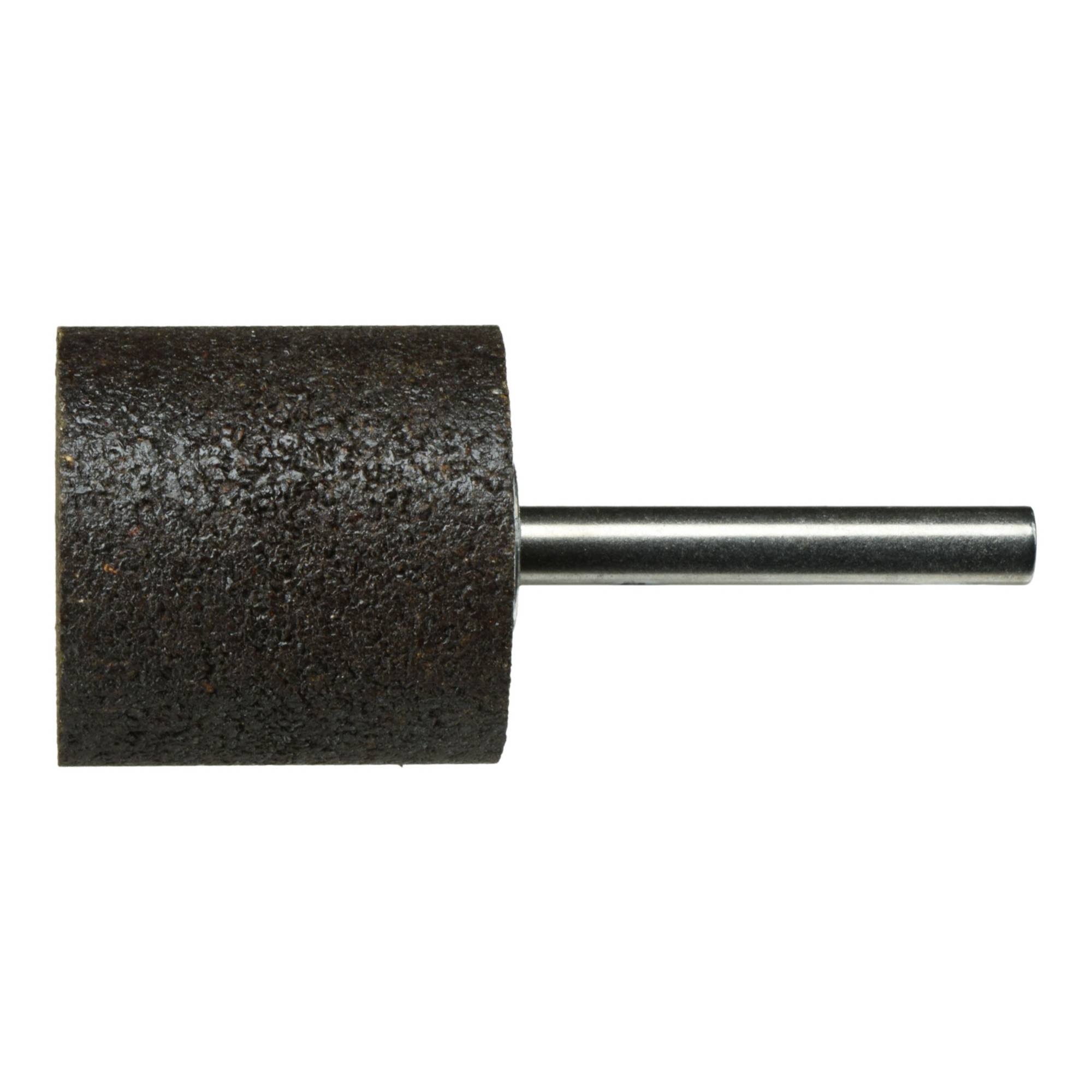 Ein zylindrischer Schleifwerkzeug mit einer dunkelbraunen, strukturierten Oberfläche und einem Metallschaft, der zum Glätten und Formen von Materialien verwendet wird.