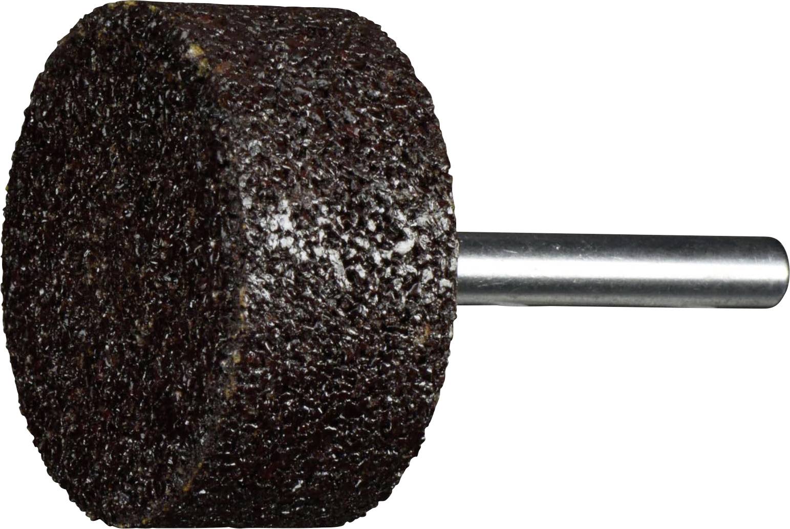 Ein runder, grober Schleifstein mit einer kleinen Metallachse, der zum Glätten oder Formen von Oberflächen in der Metall- oder Holzbearbeitung verwendet wird.