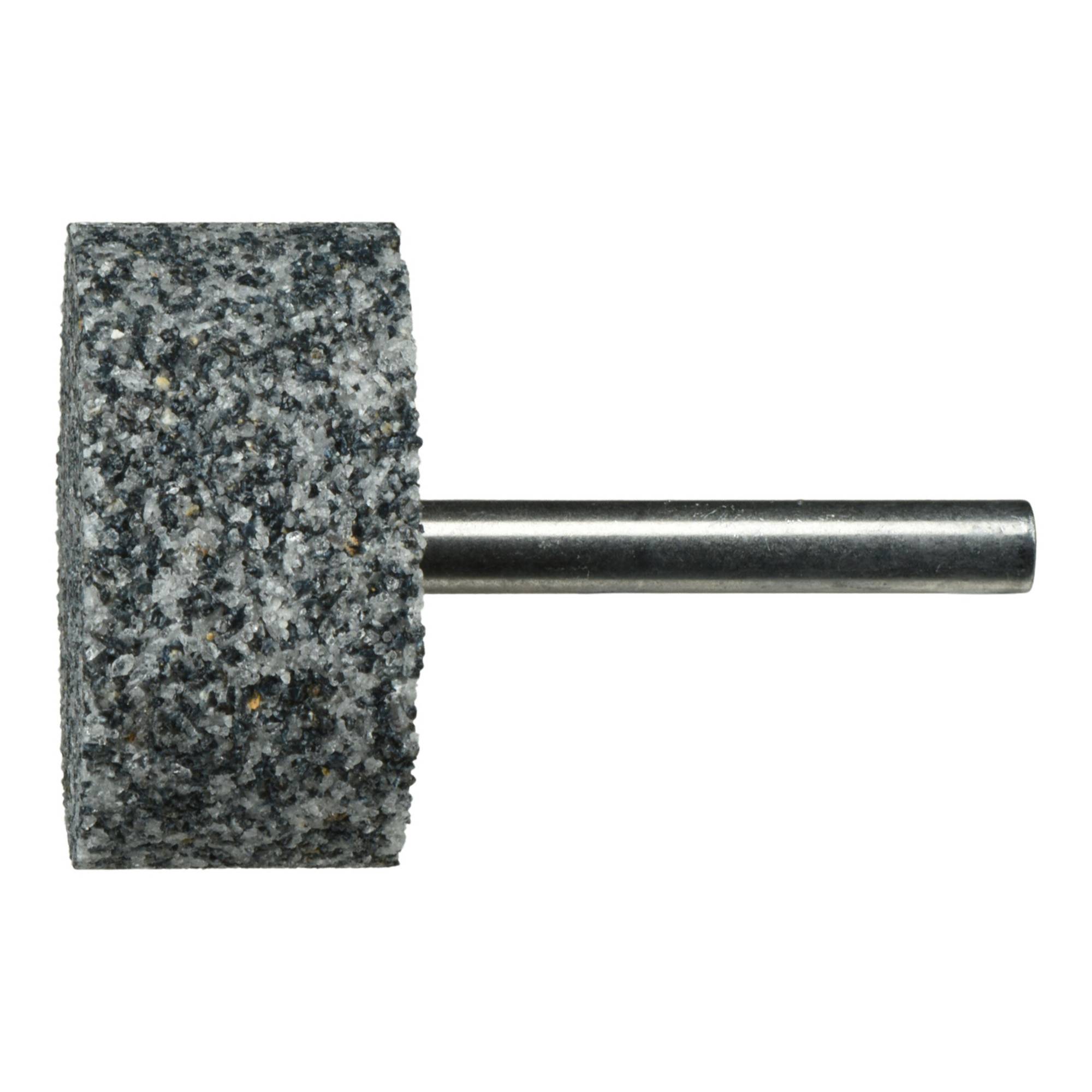 Ein zylindrischer Schleifstein mit einer groben, strukturierten Oberfläche und einer Metallwelle zur Verwendung mit Elektrowerkzeugen.