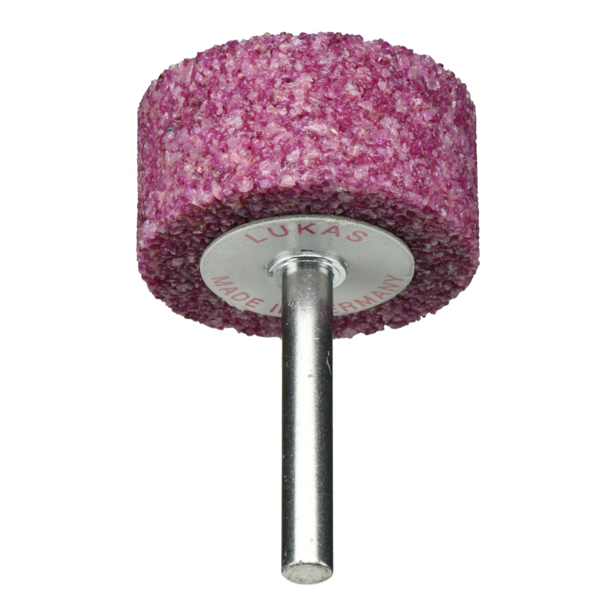 Ein zylindrischer rosa Schleifstein mit metallischem Schaft, beschriftet mit 'LUKAS Made in Germany', verwendet zum Polieren oder Schärfen.