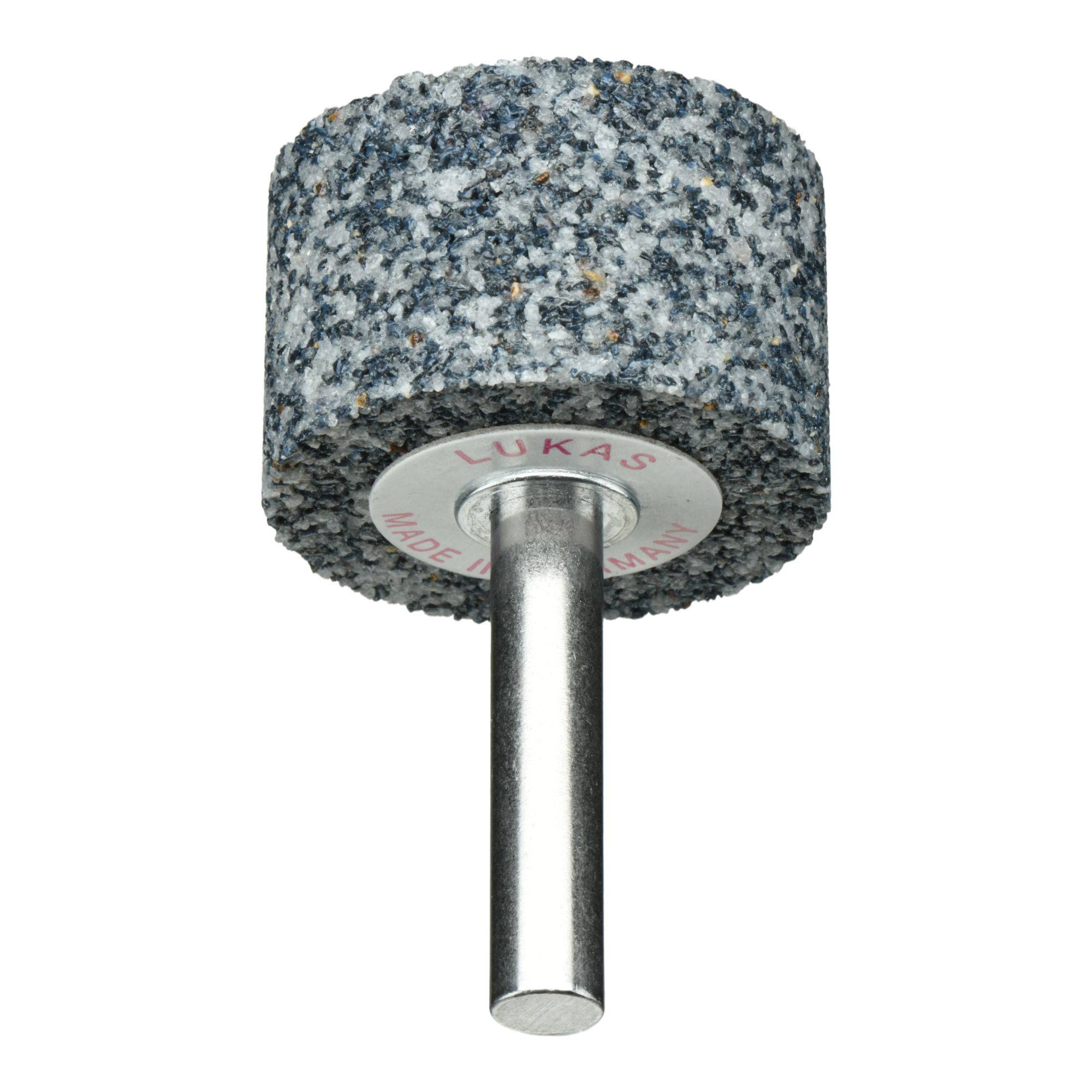 Ein zylindrischer Schleifwerkzeug mit Metallstababanbringung, der zum Glätten von Metalloberflächen verwendet wird. Er hat eine strukturierte graue Oberfläche.