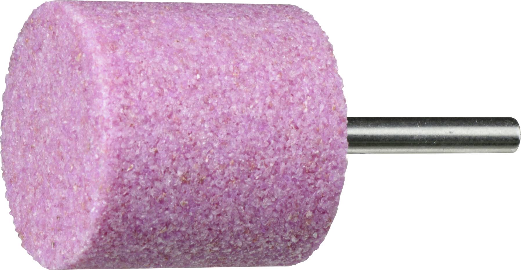 Ein zylindrischer rosa Schleifstein, der an einem Metallschaft befestigt ist und zum Schärfen oder Glätten von Oberflächen in verschiedenen Werkzeugen oder Maschinen verwendet wird.