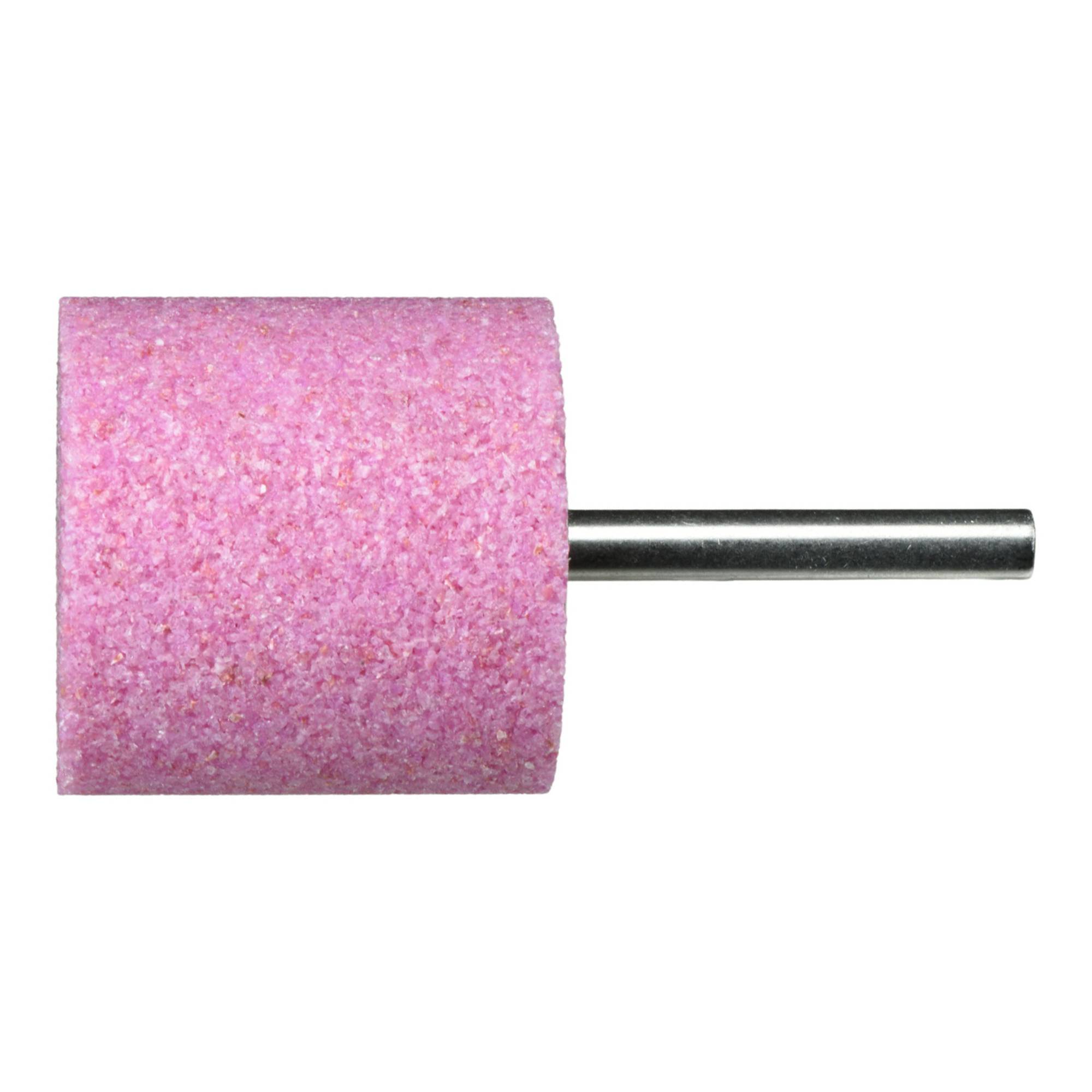 Ein rosa zylindrischer Schleifstein mit Metallschaft, der zum Glätten oder Formen von Materialien in Rotationswerkzeugen verwendet wird.